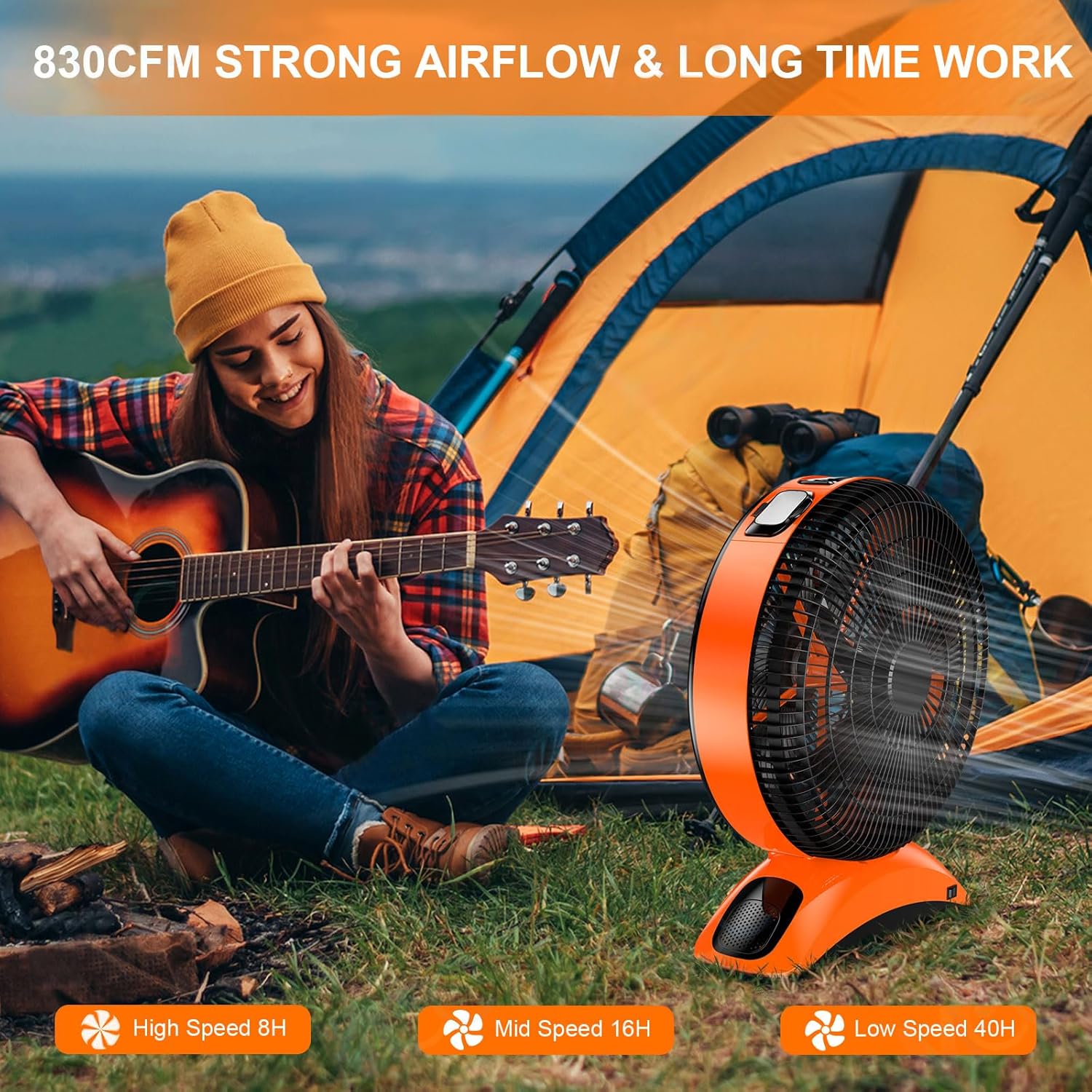 Extra Large Size Camping Fan, 45000mAh Battery Rechargeable Portable Fan, 12-Inch Blade & 830CFM High Velocity Airflow, Timer, Remote, Cordless for BBQ RV Tent Garage Patio Outdoor & Indoor