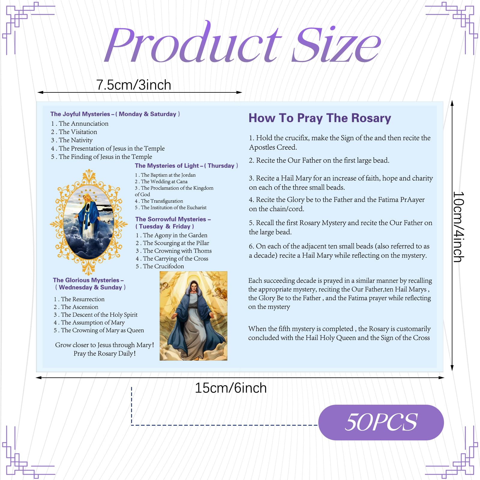 50-Pack How To Pray The Rosary Pamphlets - Catholic Prayer Guide Cards 6x4 Inches For Beginners