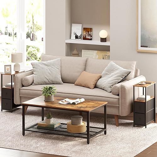 Miniatura 2 de TUTOTAK Mesa auxiliar estrecha pequeña, juego de 2, mesa auxiliar, mesita de noche con 2 cajones de tela, mesa de sofá, para sala de estar,