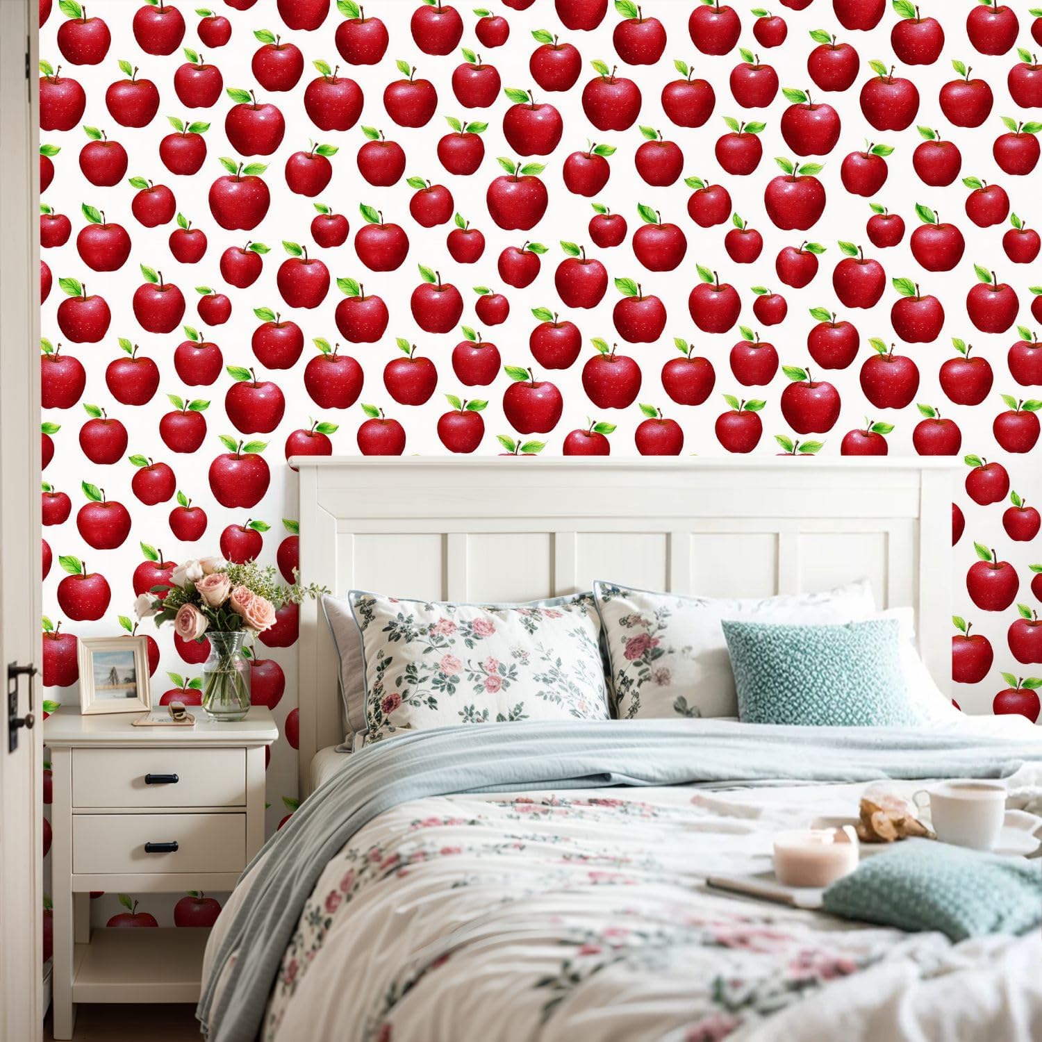 Peel and Stick Wallpaper Self Adhesive Wall Mural Red Apples Green Leaves Contact Paper Renter Friendly Wallpaper for Kitchen Nursery Bedroom 17.7"x118"