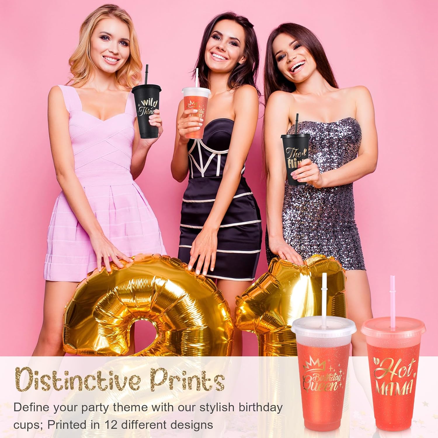 Baderke 12 Pcs Birthday Party Glitter Tumblers 24 oz Squad Plastic Tumblers with Lid and Straw for 20th 30th 40th 50th 60th Birthday Decorations Favor for Women Adults(Black) - Image 5