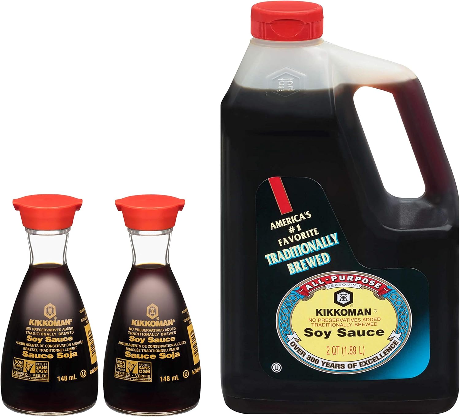 Kikkoman Soy Sauce, Two Dispensers 5 fl oz and 64 Ounce Bottle (0.5
