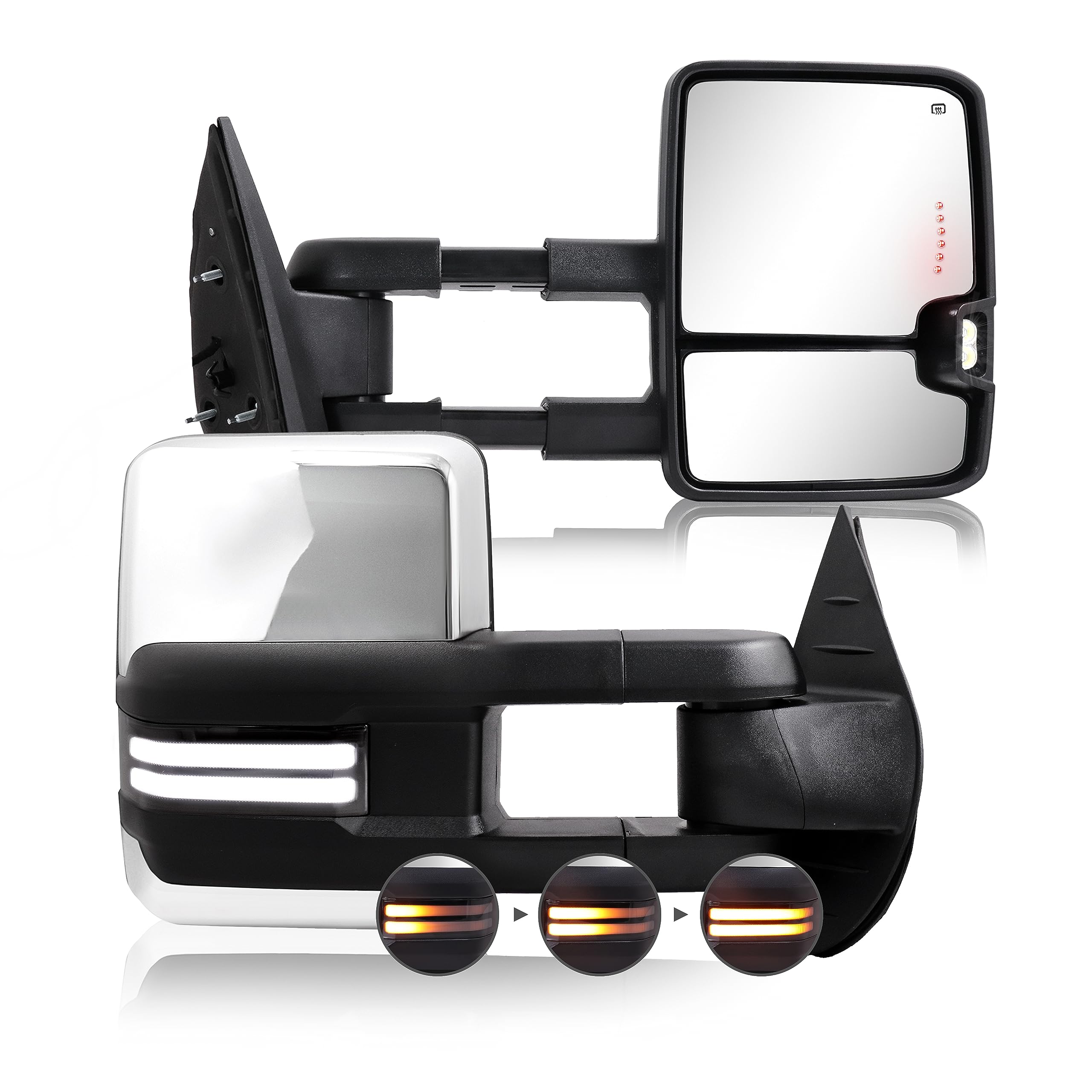 Switchback Towing Mirror, for 2007-2014 Chevy Silverado GMC Sierra Tow Mirrors with Power Adjusted Heated Glass Running Light Turn Signal Light Backup Lamp, Chrome