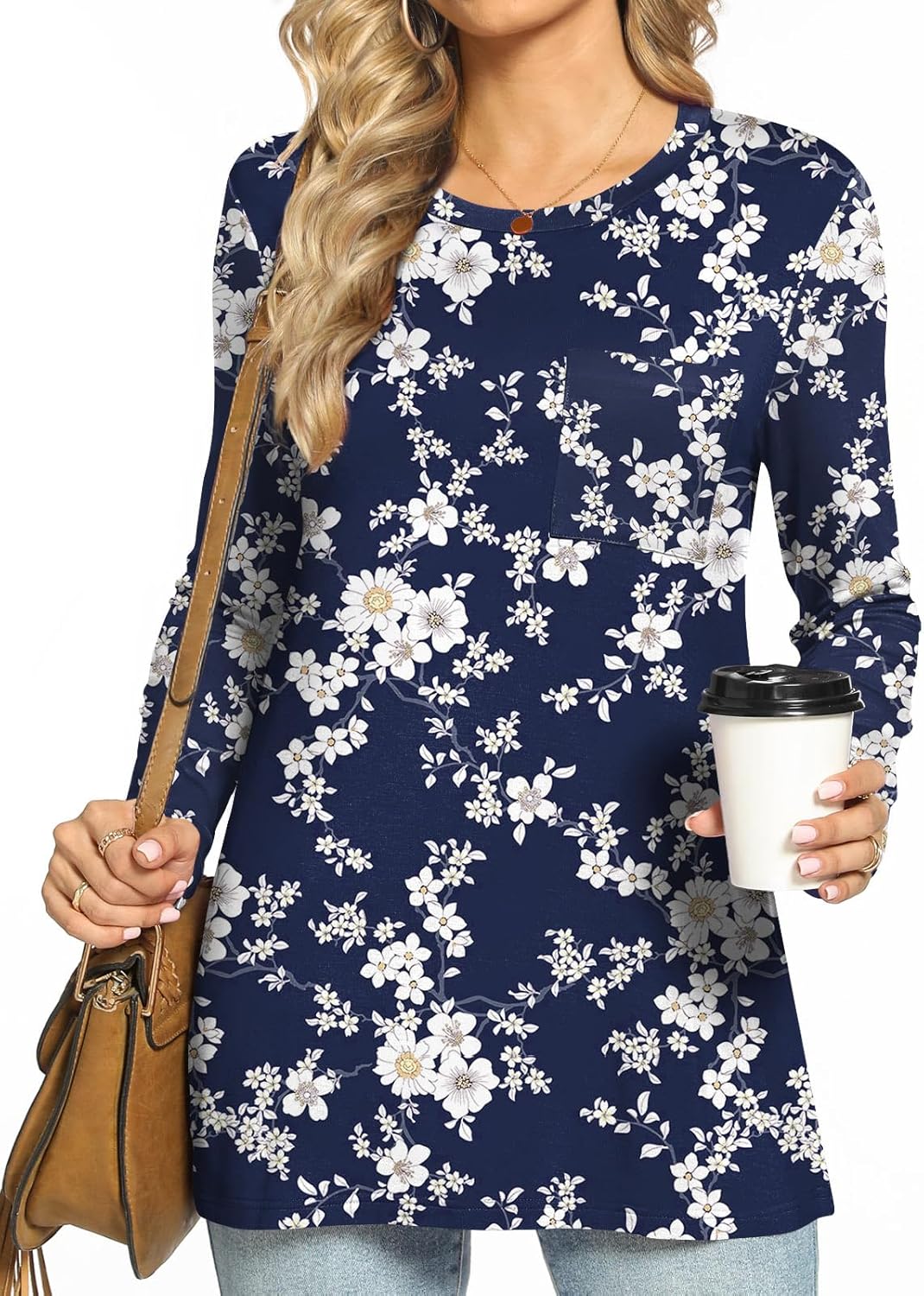 HOTGIFT Womens Fall Winter Tunic Tops Long Sleeve Crewneck T-Shirts Loose Comfy Soft Blouse with Pocket - Image 2