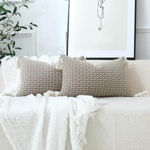 sykting Juego de 2 fundas de almohada lumbares modernas con textura, estilo bohemio, de algodón marrón neutro, decorativas, para sofá, cama, sala de