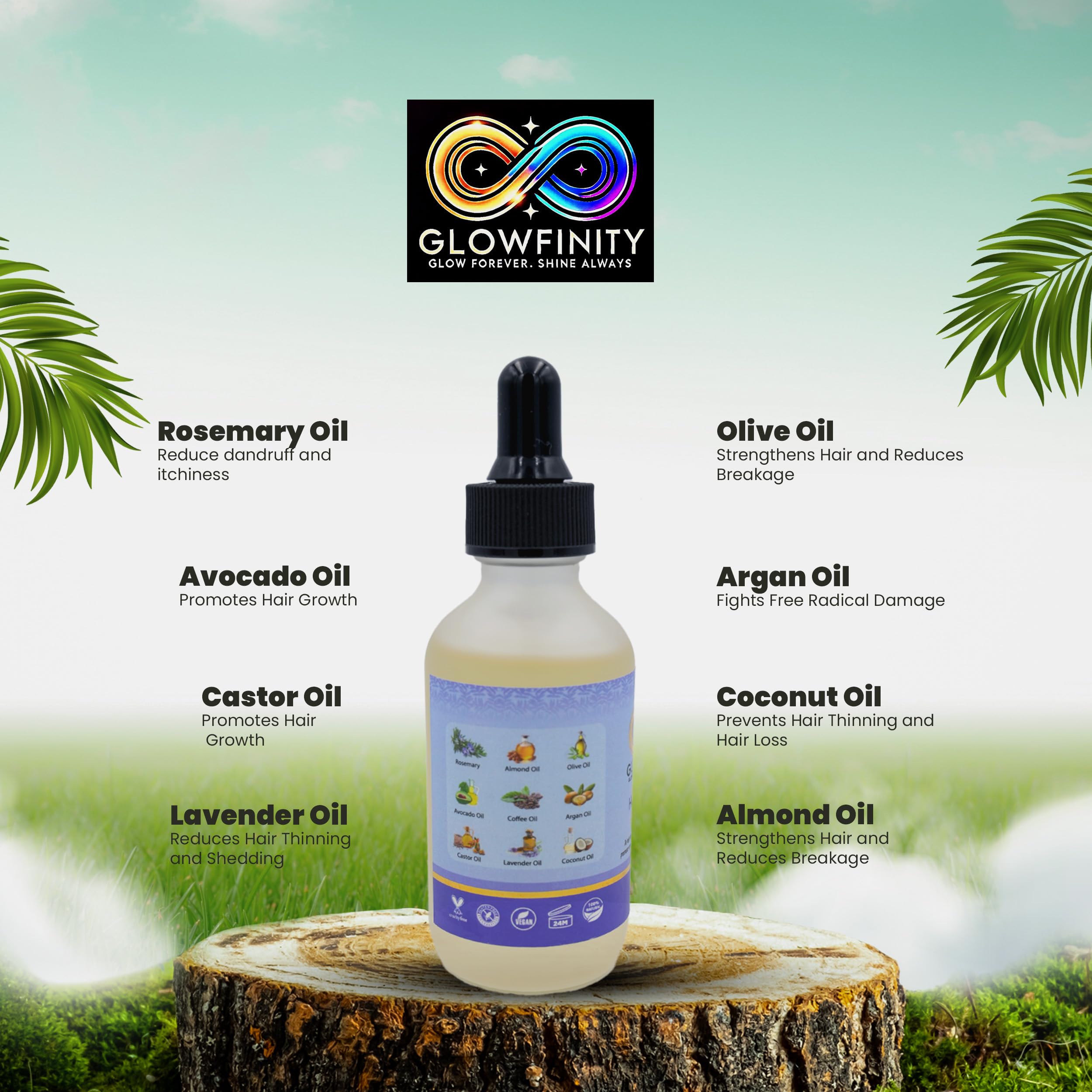 GLOWFINITY Hair Growth Oil with Rosemary, Castor, Coconut, Almond and Argan Scalp Oil for Hair Growth and Thickness 60 ml, Vegan - Image 3
