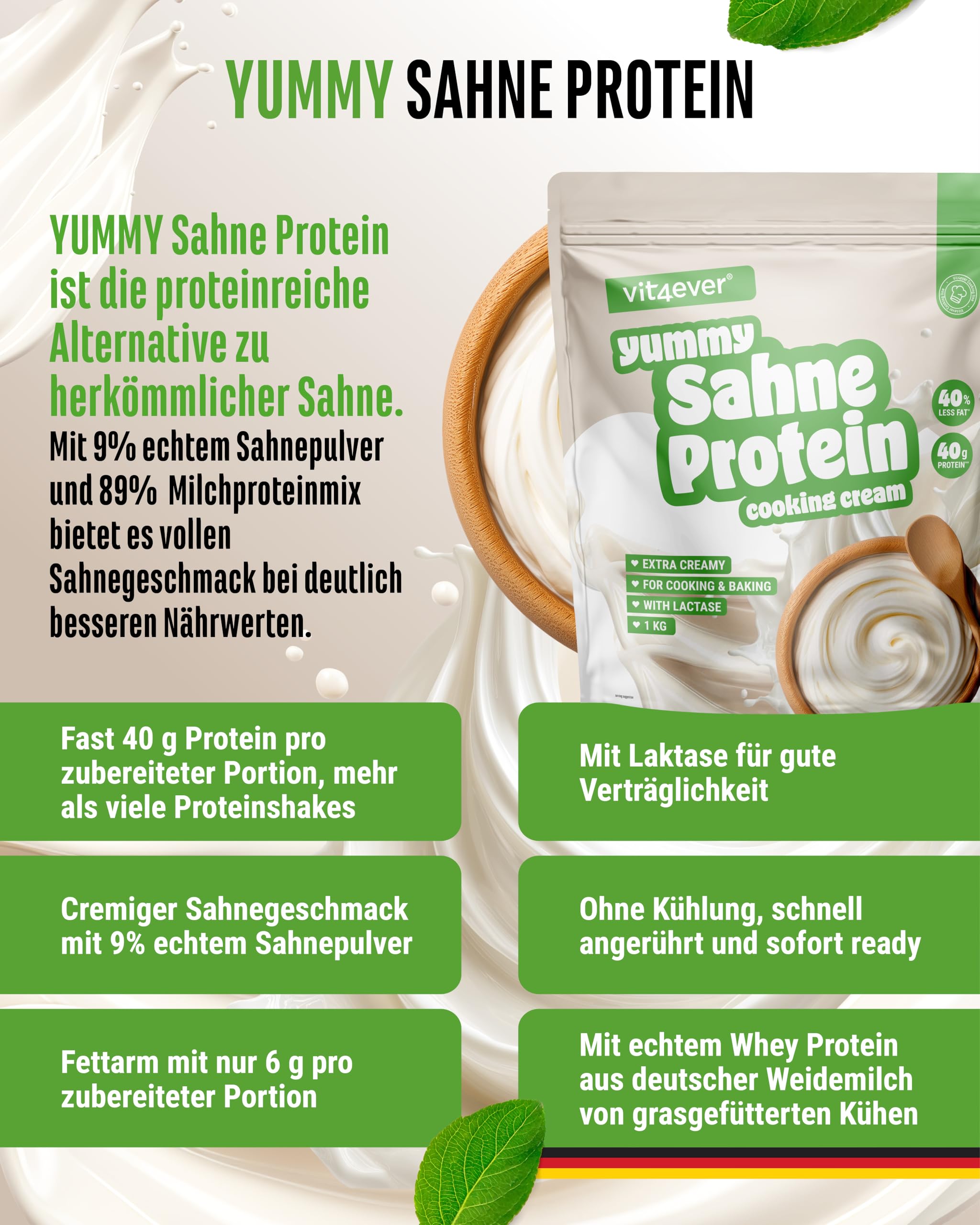 vit4ever Yummy Sahne Protein - 1000g - Proteinreiche Koch- & Backzutat