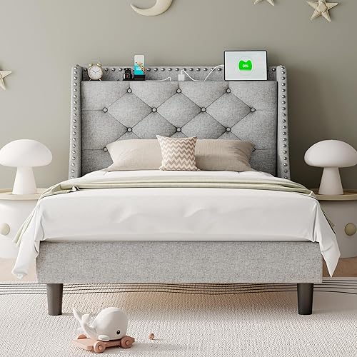 Miniatura 55 de Base de cama tamaño Queen con cabecero de almacenamiento capitoné con botones en la parte trasera y puertos tipo CA, plataforma tapizada, soporte de