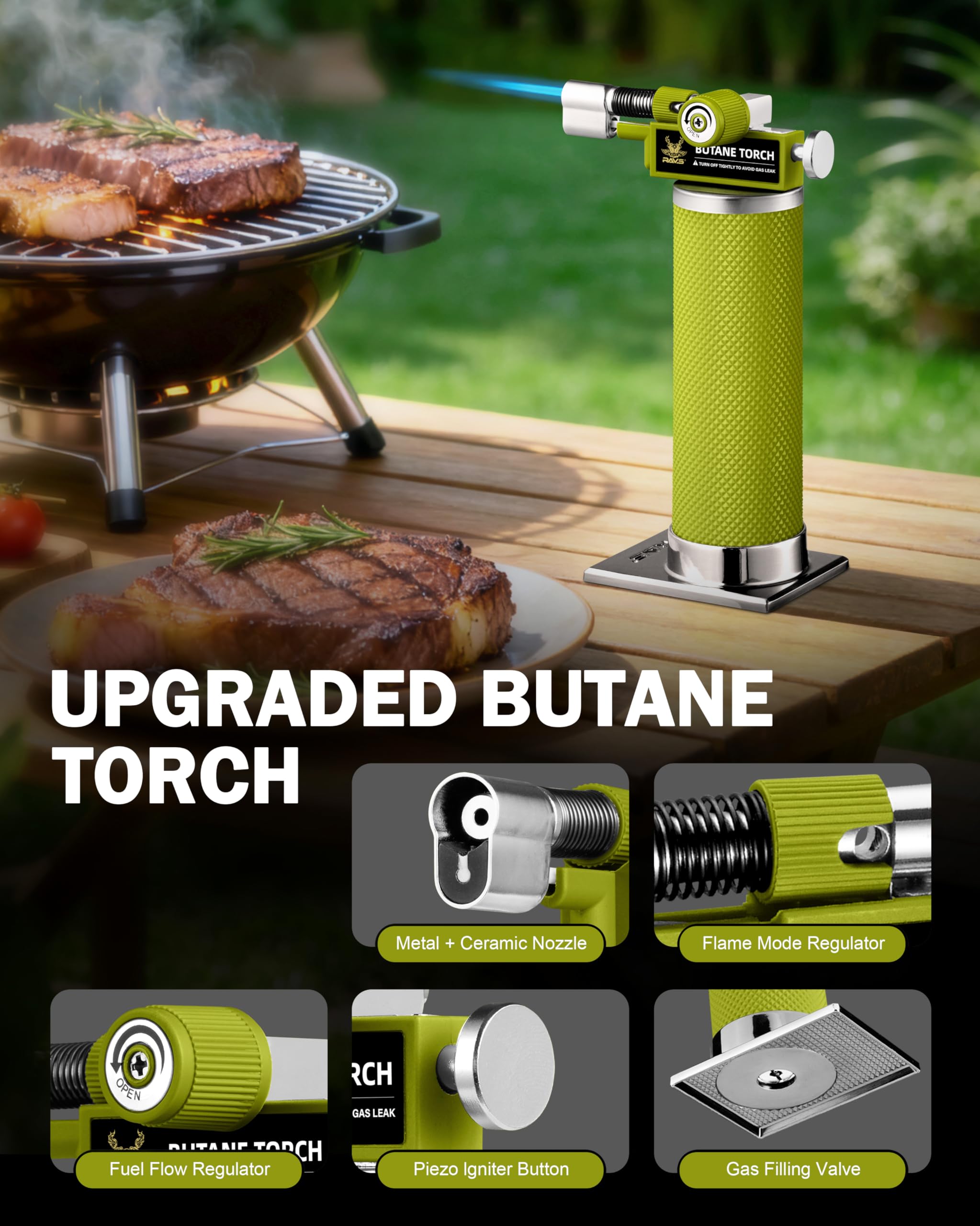 RAVS Encendedor de butano con modo de llama dual, linterna de cocina recargable, cuerpo de metal, para hornear, cocinar, arte de resina con llama ajustable, soplete de soldadura verde, gas butano no