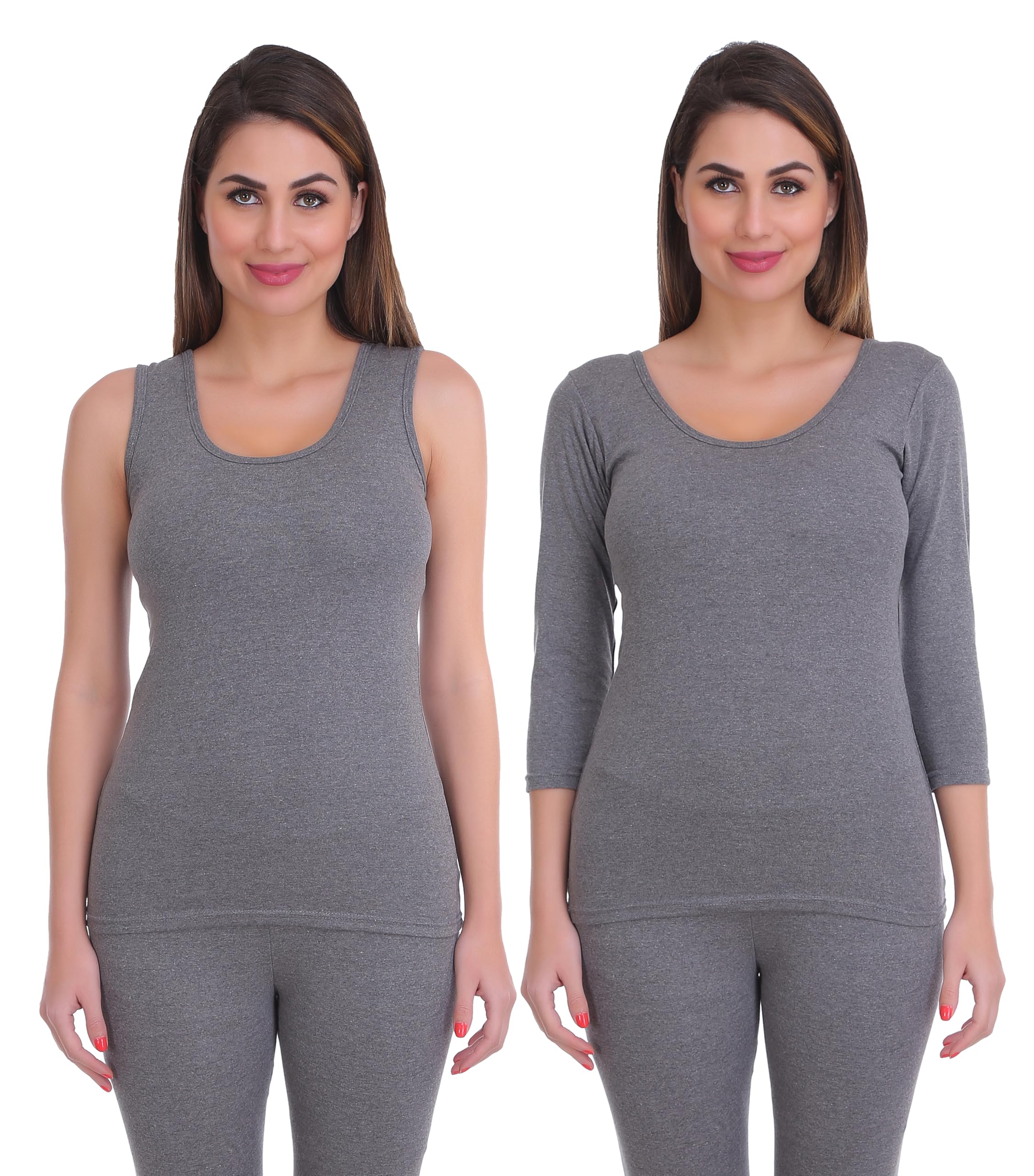 selfcare Pack of 2 Womens Solid Polycotton Lycra Thermal Tops Sleeveless & 3/4 Sleeve-picture-13