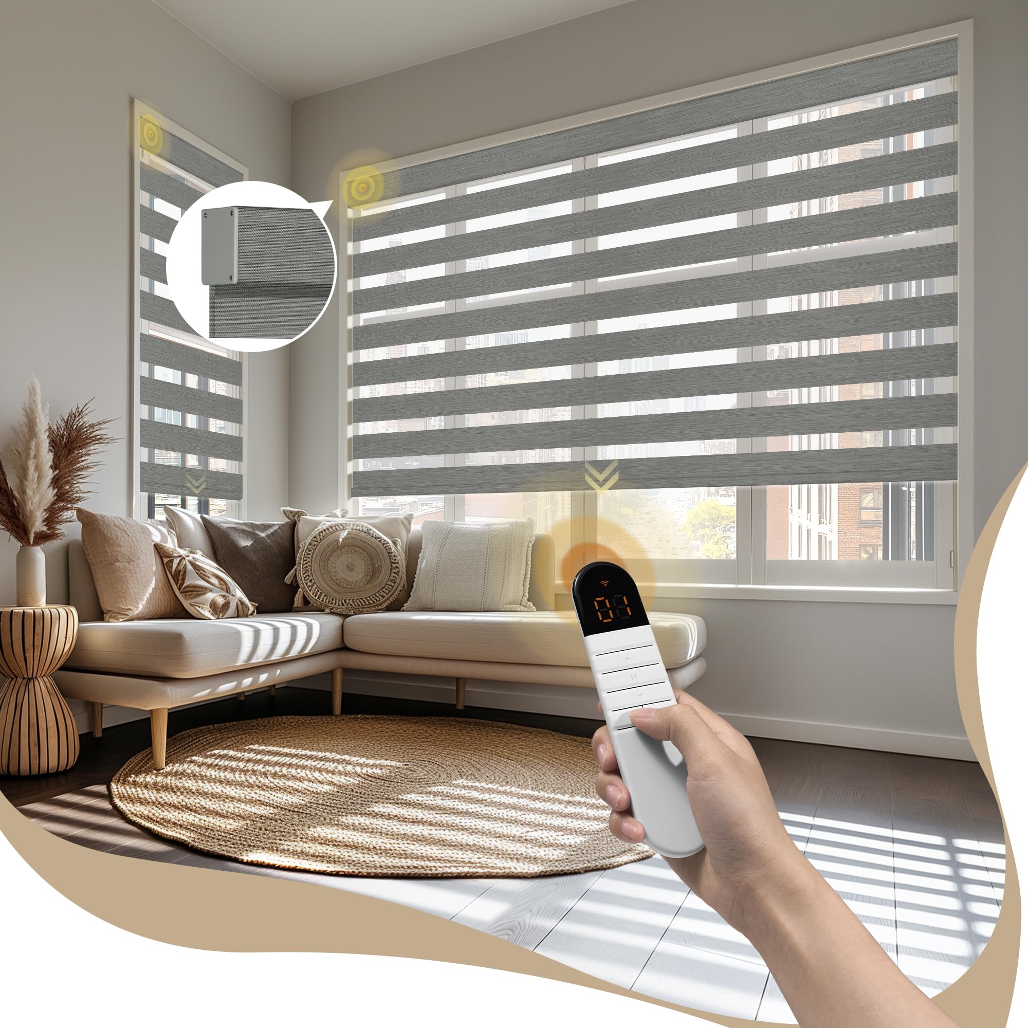 Motorized Zebra Blinds with Remote, APP, Voice Control - 95% Blackout Grey