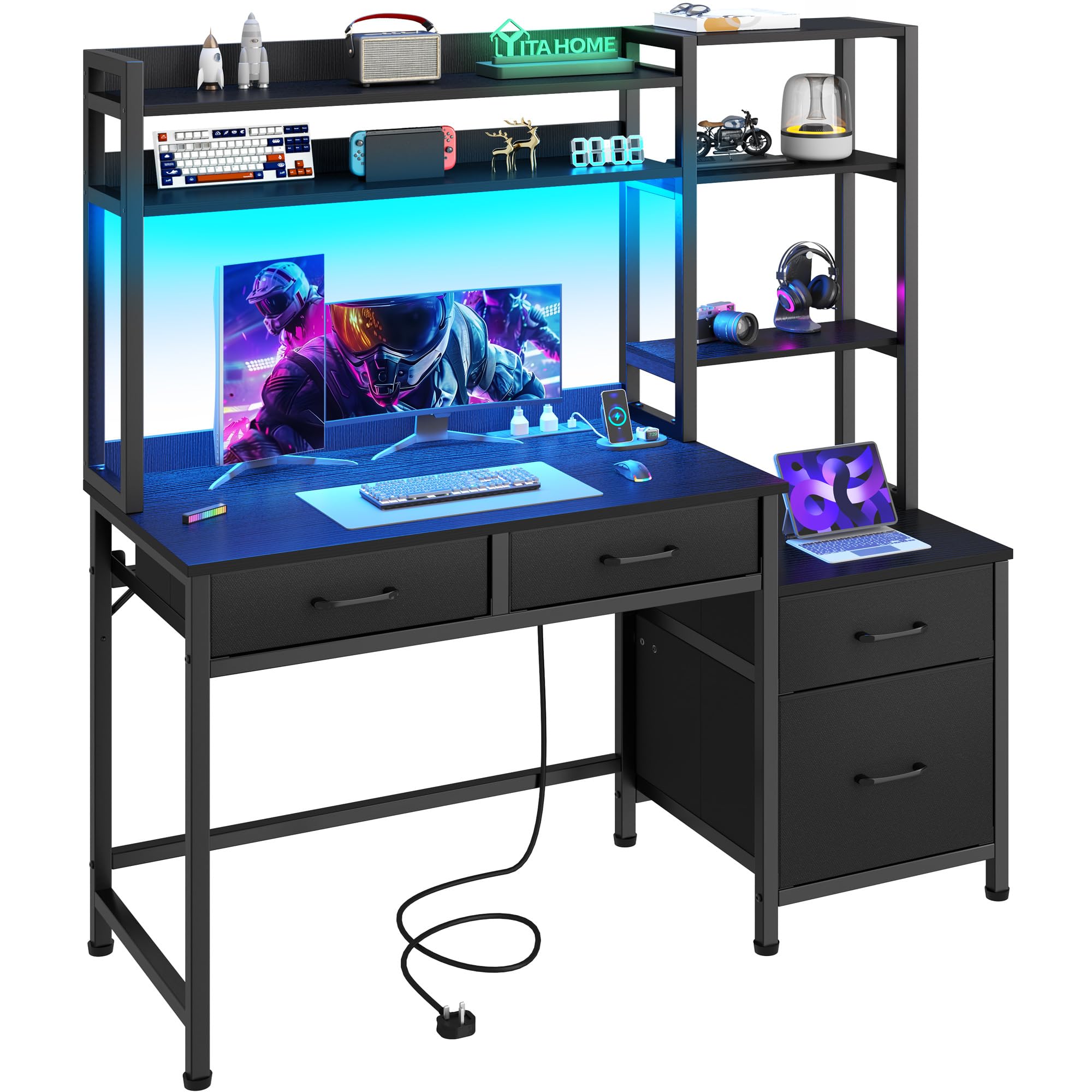 YITAHOME Computer Desk with Drawers, Home Office Corner Computer Table Storage  Shelves, Gaming Desk Workstations with LED Light  Sockets, Corner Desk, Black
