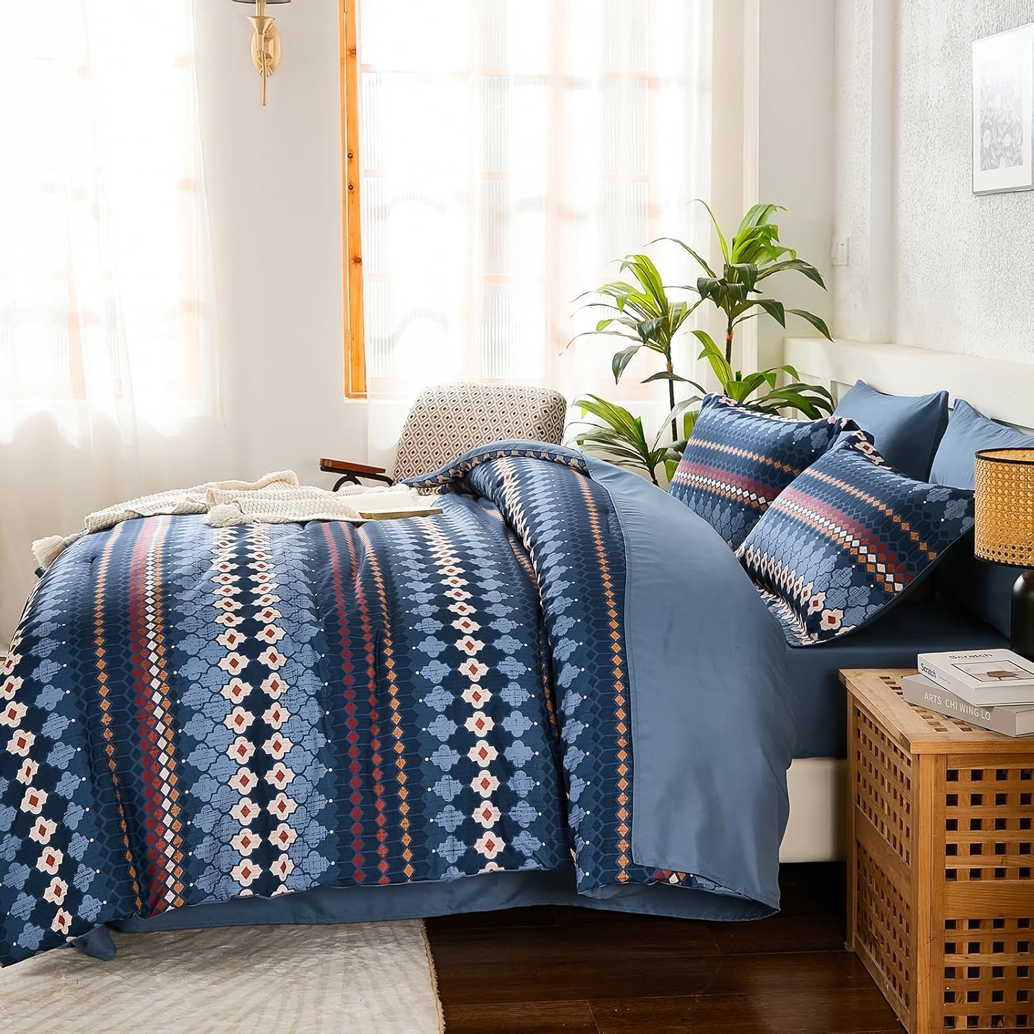 Dobuyly Navy Blue Comforter Queen Size Set 7 Piece, Boho Striped Bed in a Bag Set, Neutral Mens Comforter Bedding Set with Sheets, Pillowcases & Shams - Image 3