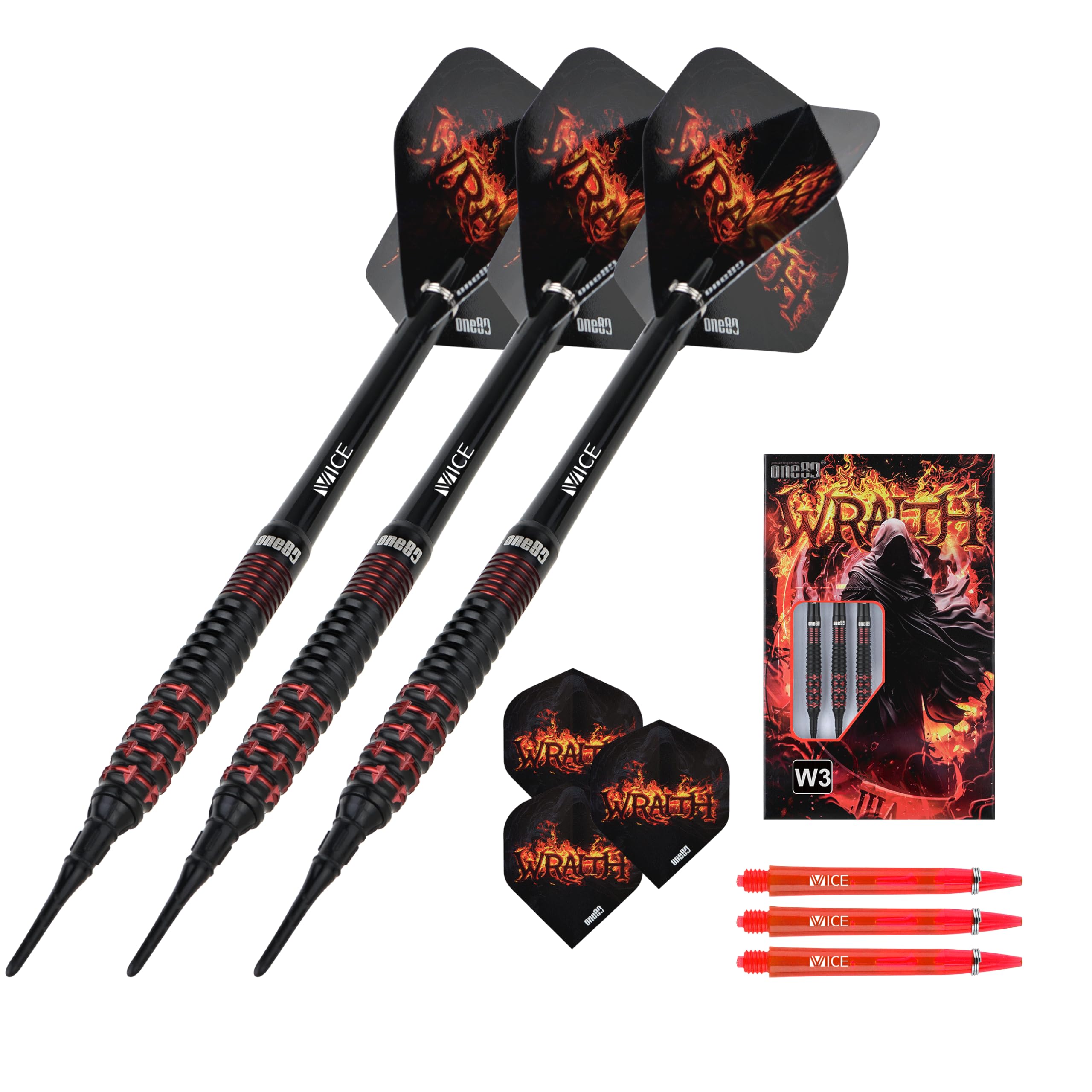 ONE80 Soft Dart Wraith VHD Lot de fléchettes souples en tungstène 90 % tungstène avec tiges et ailettes