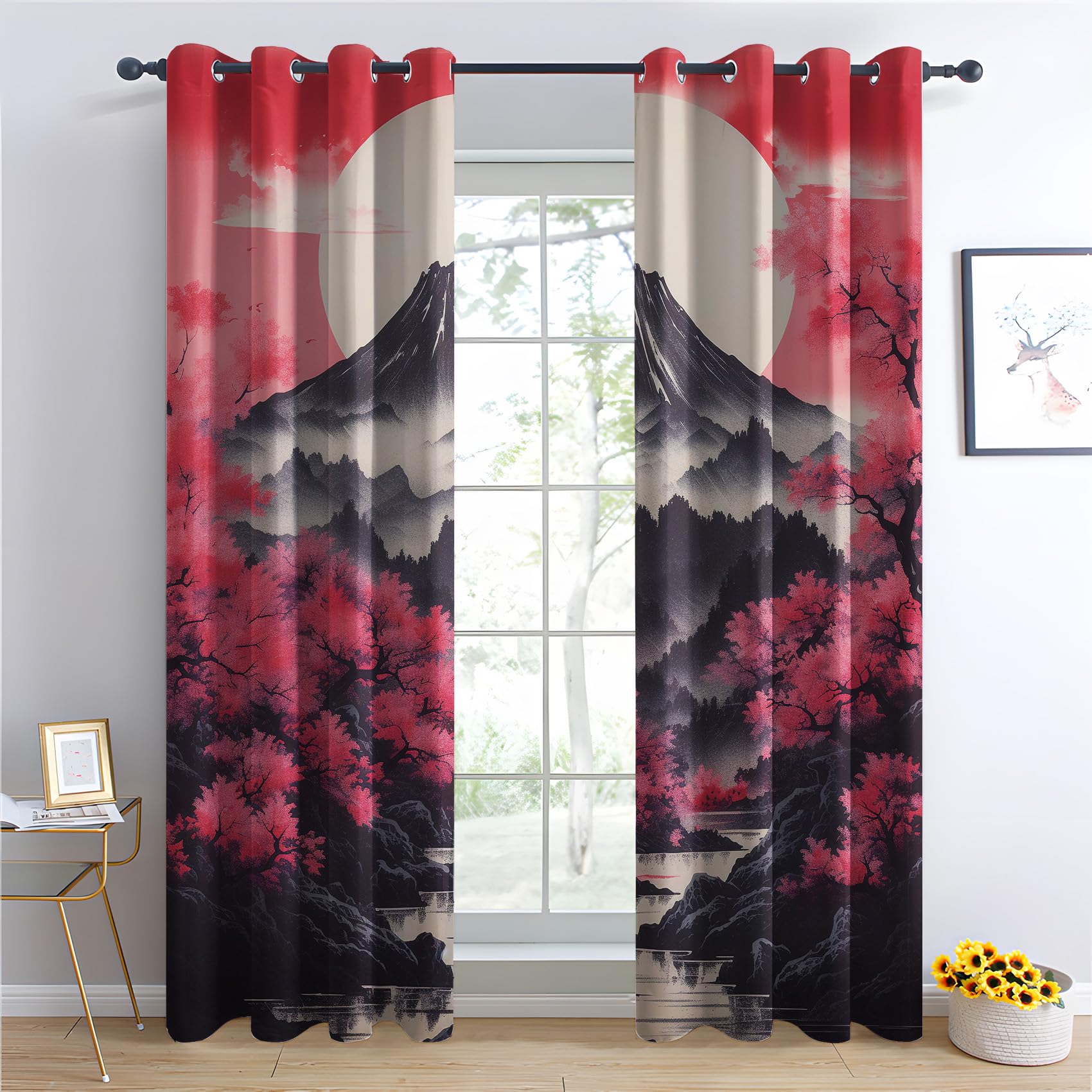 QEODAH Kirschblüte Vorhänge 2er Set - 245x140cm - Verdunkelnd Japanisch Design - Mit Ösen