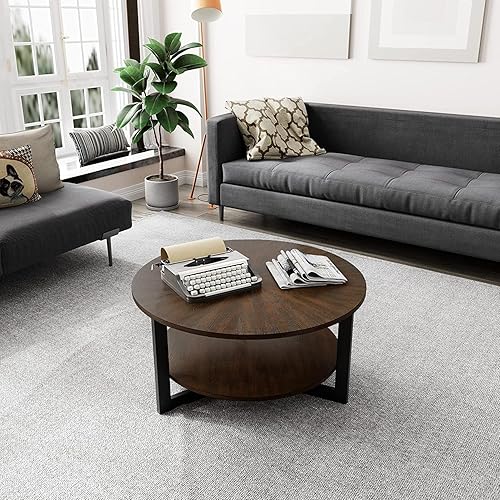 Miniatura 3 de Mesa auxiliar redonda con estante de almacenamiento, mesa central circular de 33.5 pulgadas con patas de metal negro, mesa de cóctel industrial de 2