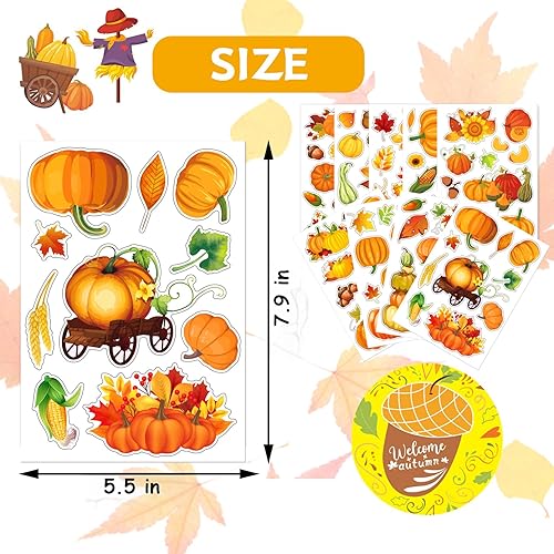 Miniatura 3 de Calcomanías de calabaza de otoño, 9 hojas, 115 unidades, calcomanías de otoño de hoja de arce de calabaza de Acción de Gracias para niños,