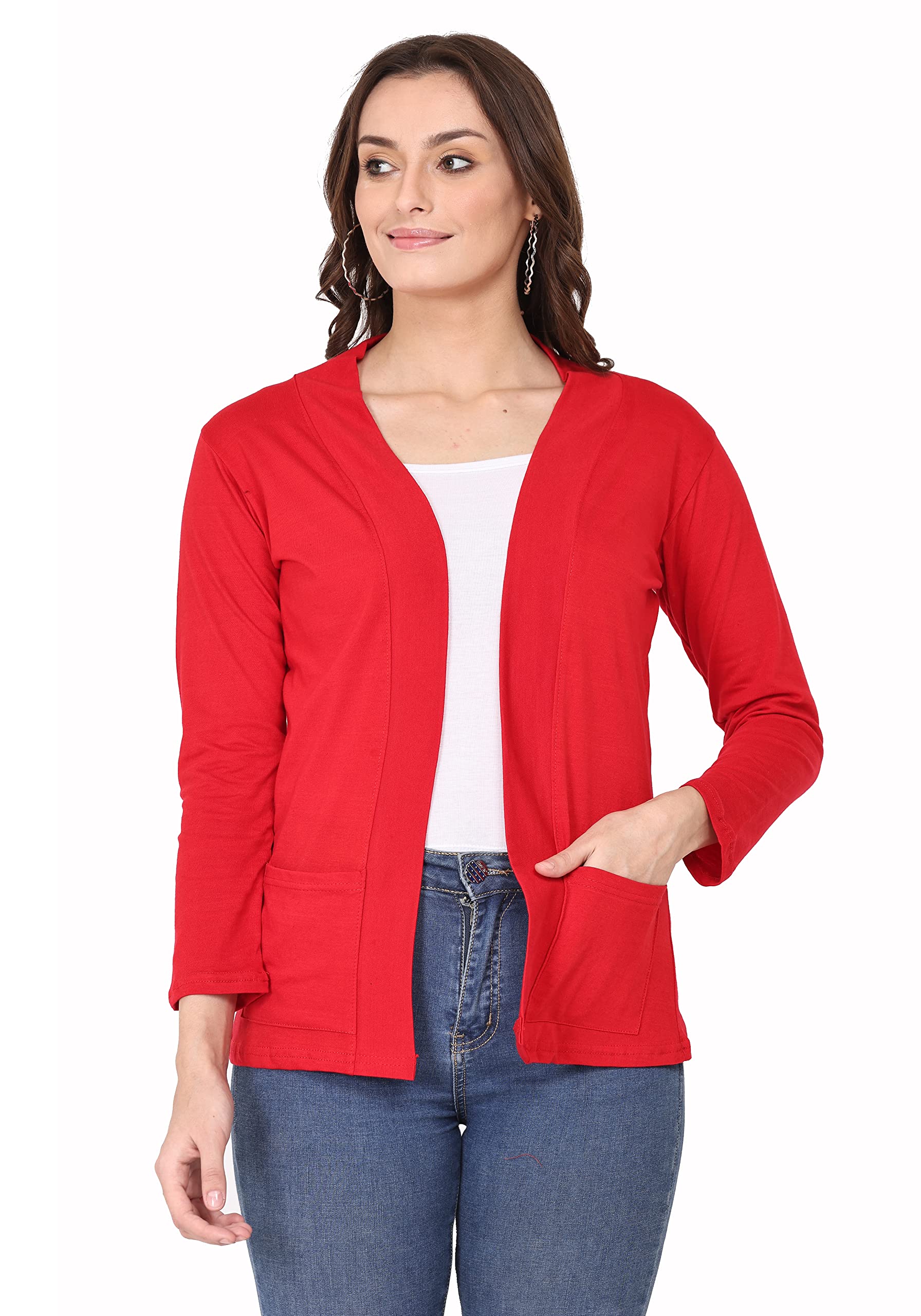 kg best collection Women Cotton Shawl Collar Pocket Shrug (M, RED)-picture-21