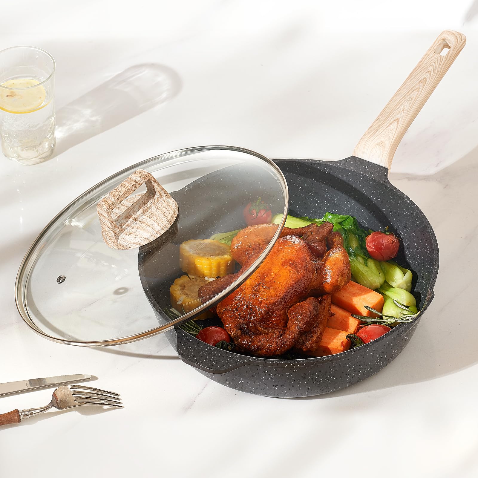 VEVOR Set di Pentole, Padelle Antiaderenti in Granito con Manico, Set di Pentole a Induzione da Cucina per Camper, con Frittura, Coperchi in Vetro Temperato, Nero 17 Pezzi