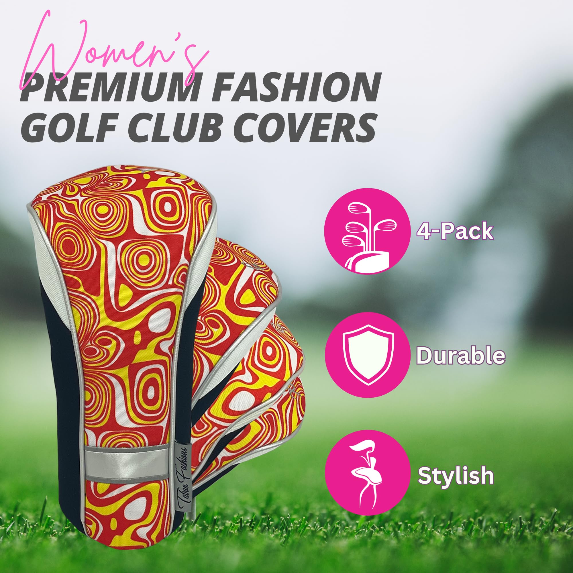 Womens Designer Golf Club Covers 4 Pack - Taboo Fashions Numbered Head Covers for Driver Woods & Hybrid - Weather/Moisture Resistant Protection (Colorful Patterns)