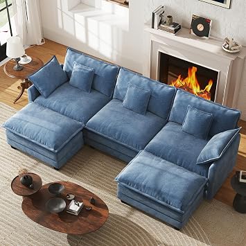 WorthFurni 111.4" Modular Sectional Sofa, U Shape Cloud Couch with 2 Movable Ottoman, Comfy Chenille Deep Seat Sofa with Soft Pillows for Living Room Bedroom Apartment Blue