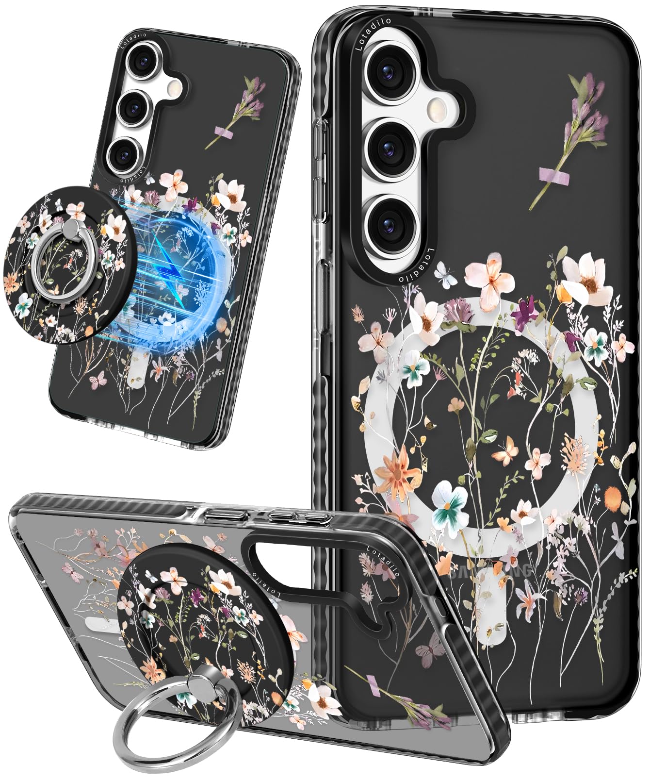 Lotadilo for Samsung Galaxy S24 Plus Case for Women - Girls Cute Design Compatible with Magsafe Magnetic Ring Holder Stand Foral Flower Phone Covers