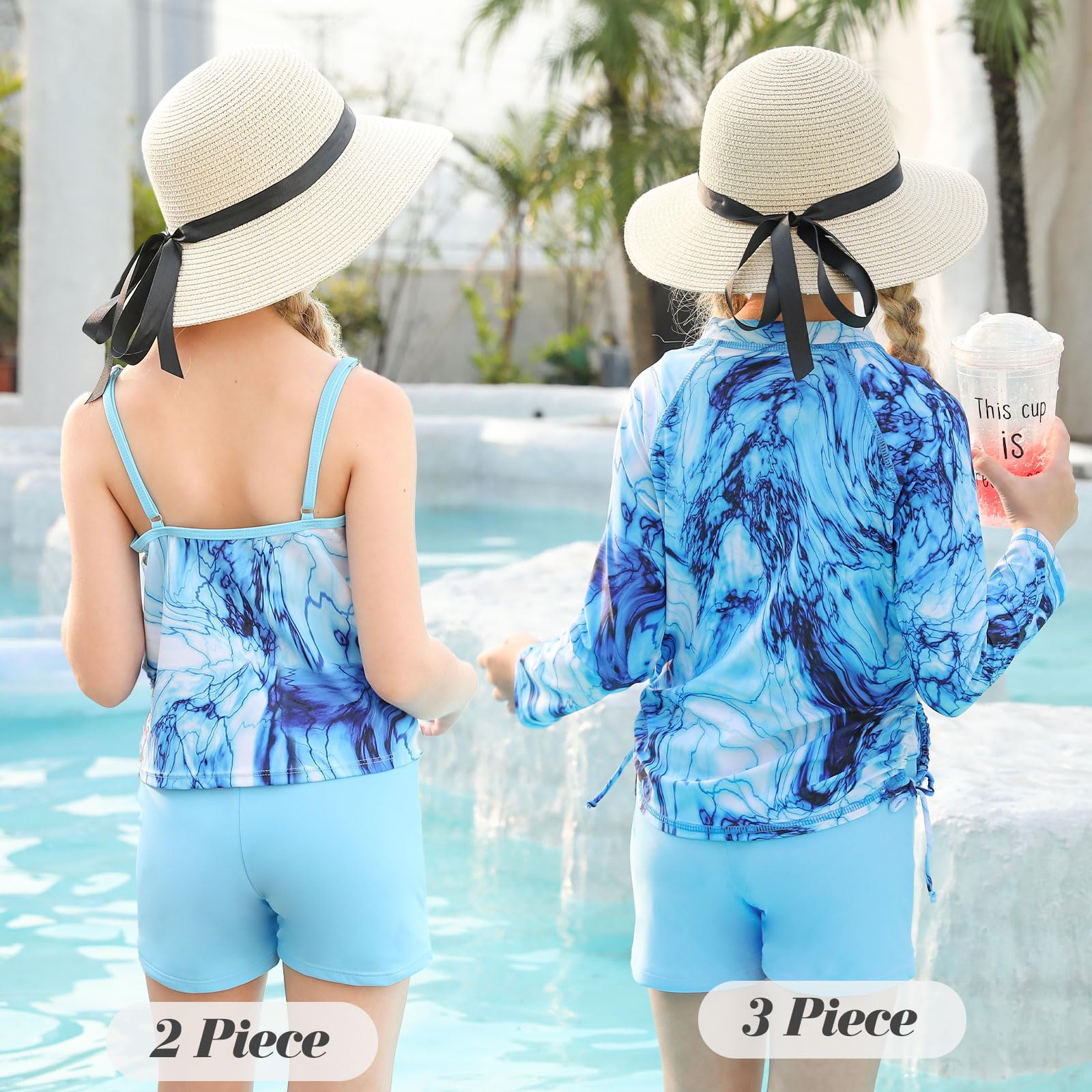 Girls Long Sleeve Rash Guard + Smocked Tankini Shorts Set (3 Piece) | 
