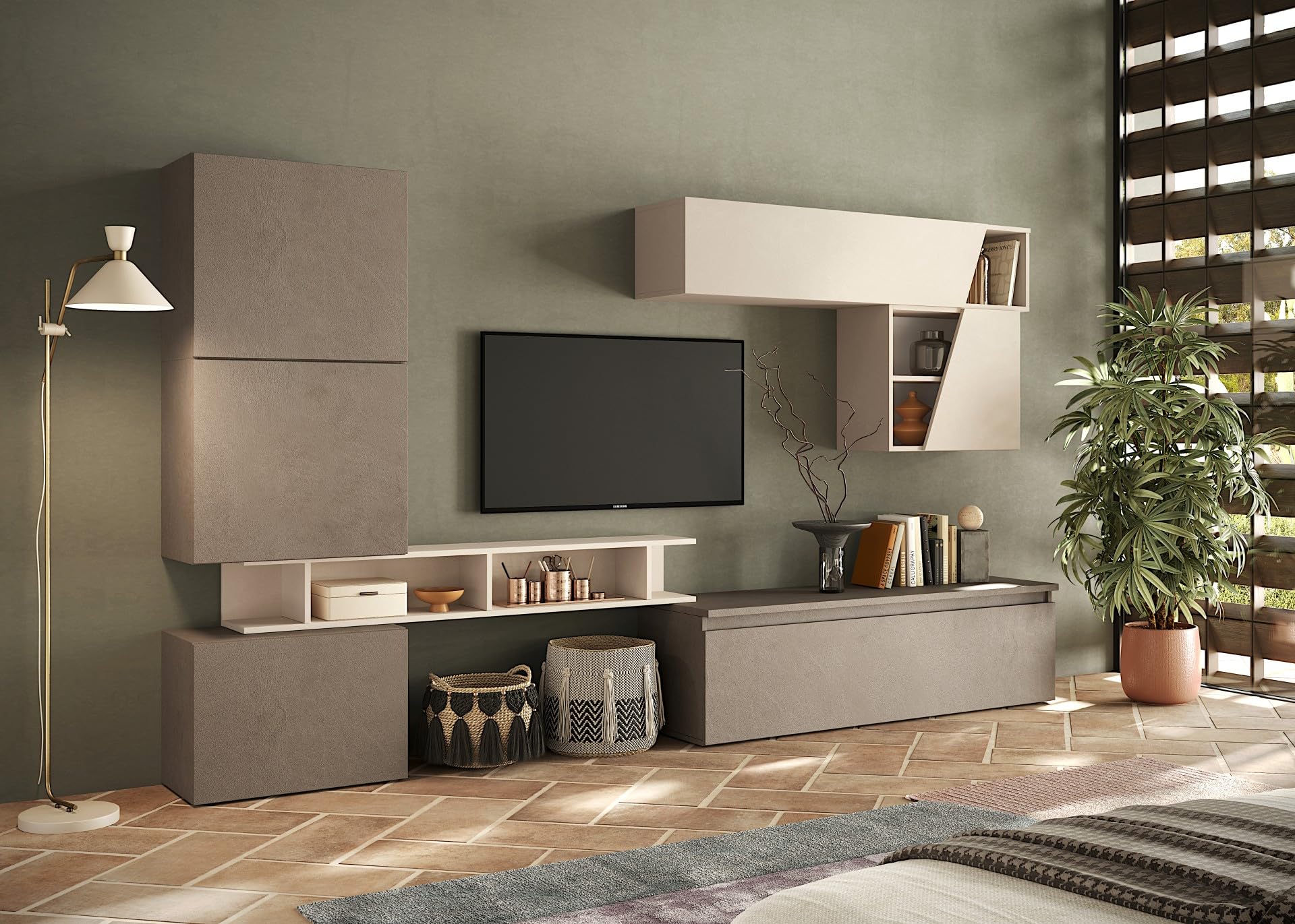 Parete Attrezzata Soggiorno Design Moderno 285x200 cm Composto da 3 Pensili a Cubo 1 Pensile Orizzontale Mobile Porta TV Bronzo e Beige PAL75