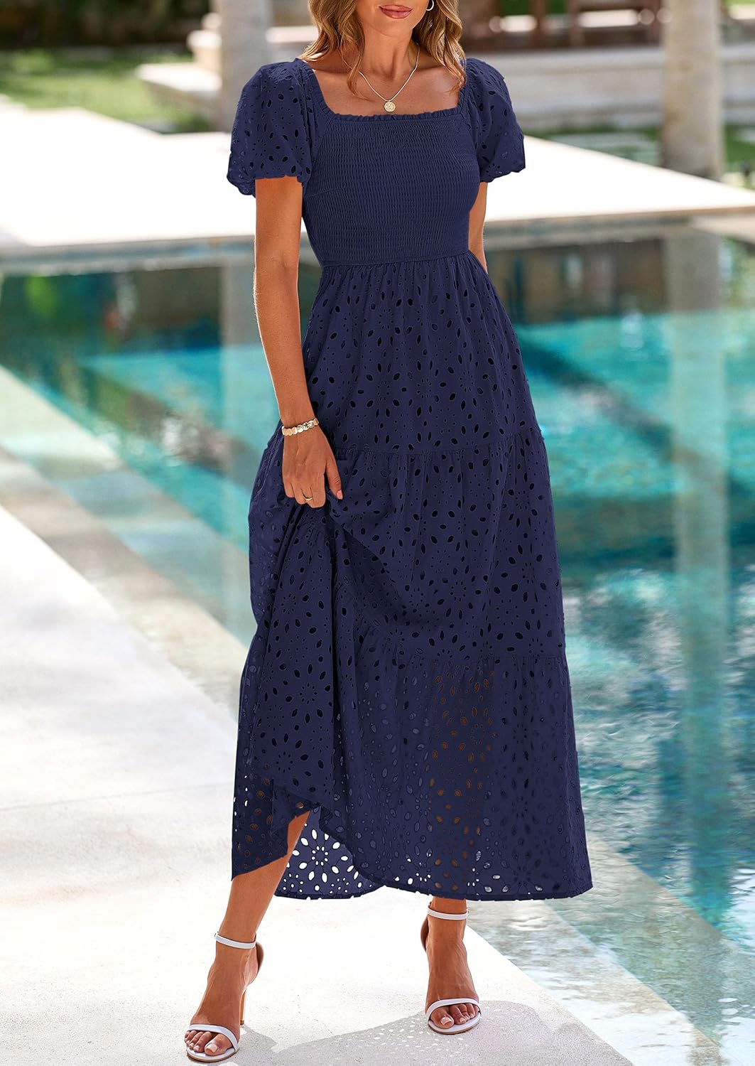PRETTYGARDEN Summer Dresses for Women 2026 Eyelet Square Neck Puff Sleeve Smocked Wedding Guest Maxi Dress with Pockets