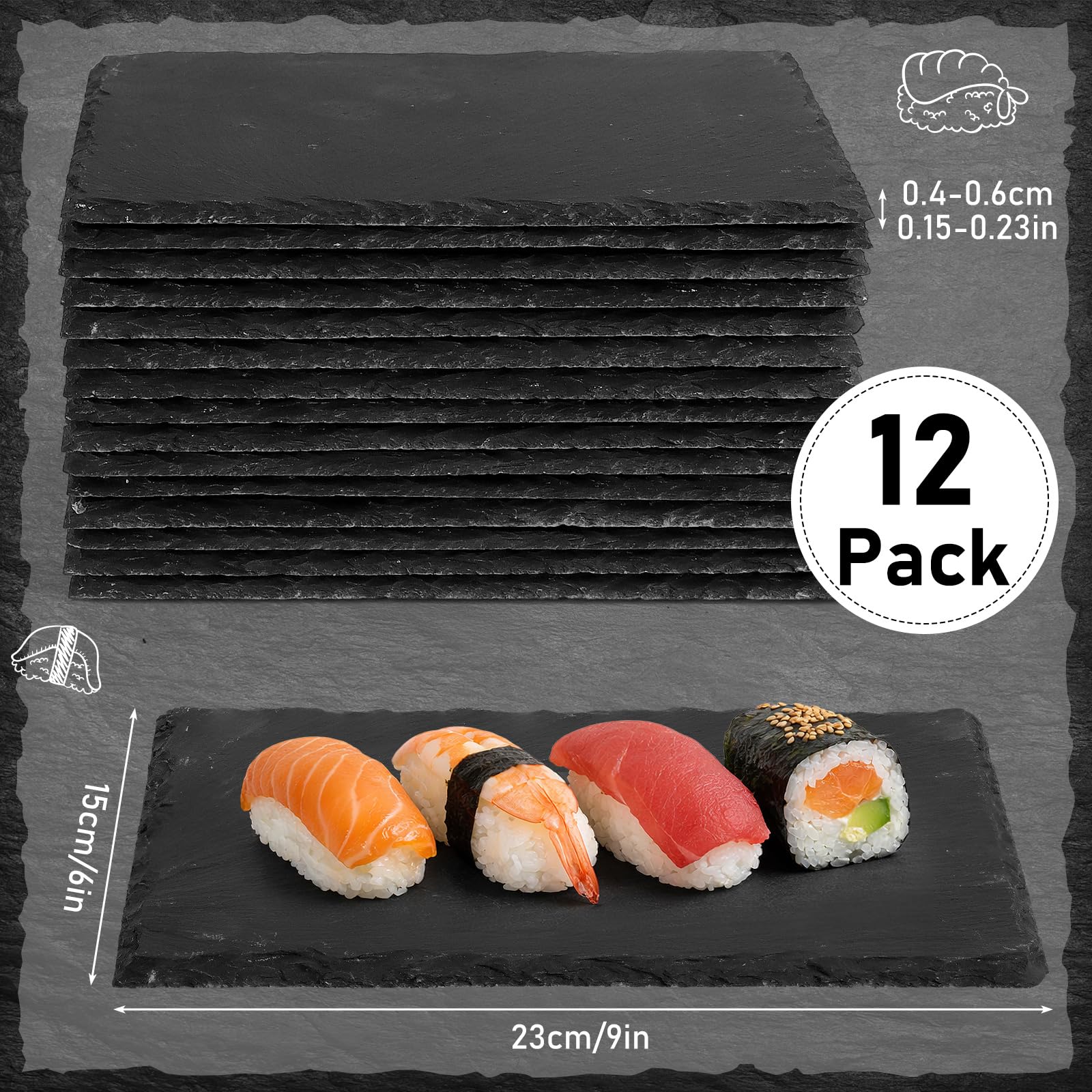 MSYU Paquete de 12 tablas de queso de pizarra negra de 23 x 15 cm, bandeja de pizarra para servir, platos de pizarra para alimentos, sushi, filetes y embutidos