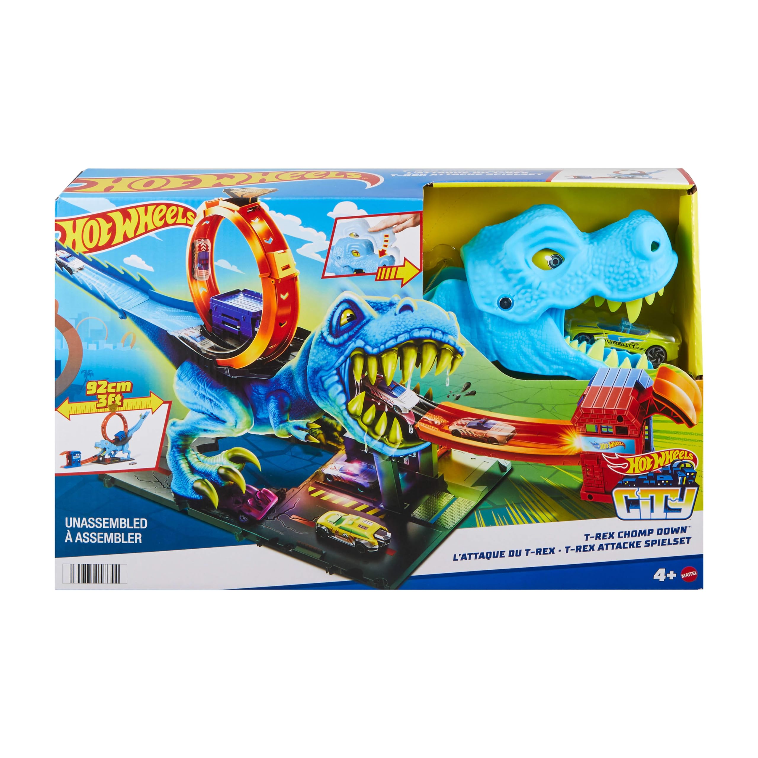 Hot Wheels Autorennbahn T-Rex Angriff, Geschicklichkeitsspiel mit Looping Track, Auto Spielzeug ab 4 Jahre, HNP77