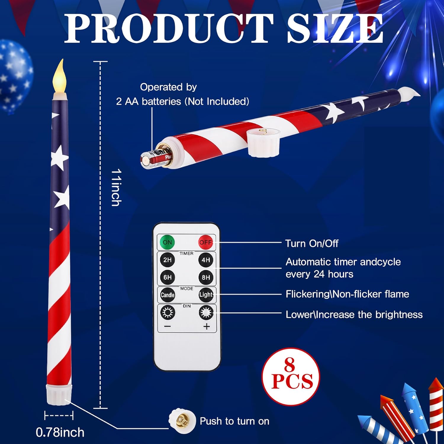 Aurelema 8 Pcs Patriotic Candles Flameless Taper Candles with Remote & Timer 4th of July American Flag Flameless Candlesticks Flickering Real 3D Real Candle for Independence Day Decor (Classic)