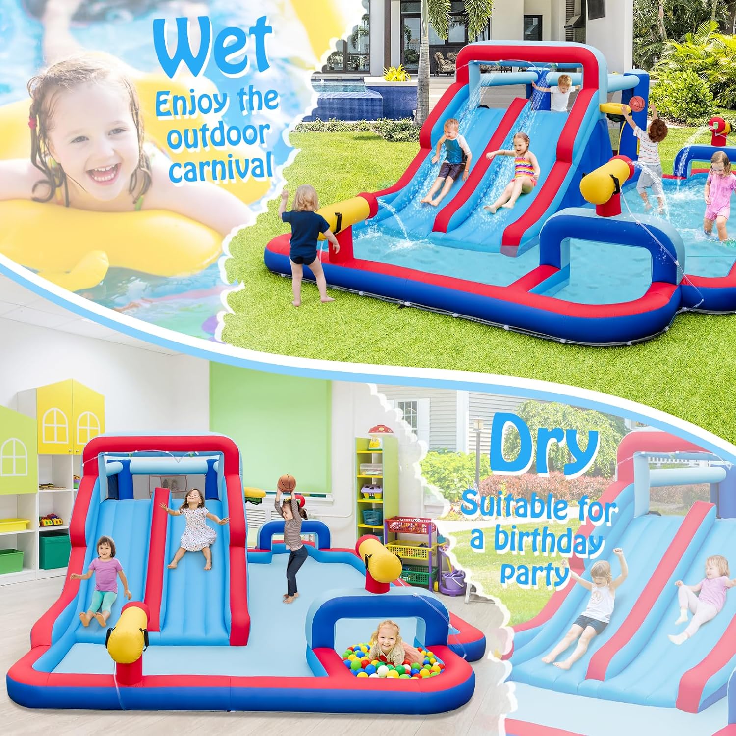HONEY JOY Inflatable Water Slide, 9 in 1 Mega Water Park Bounce House for Backyard, Dual Long Slides, Giant Splash Pool, Outdoor Waterslide Inflatables for Kids and Adults(Without Blower)