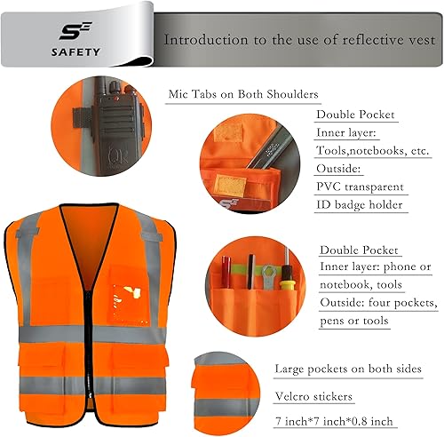 Miniatura 3 de sesafety Chaleco de seguridad reflectante con bolsillos y cremallera, chaleco de construcción de alta visibilidad, chaleco de alta visibilidad, ANSI