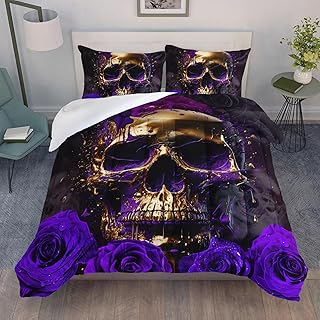 AILONEN 3D Gold Skull Comforter Set Queen Size, 3D Purple Flowers Bedding Set for Kids Adult,Gothic Bone Skeleton Bohemian Bed in a Bag,1 Quilt and 2 Pillowcases,Soft Microfiber for All Season