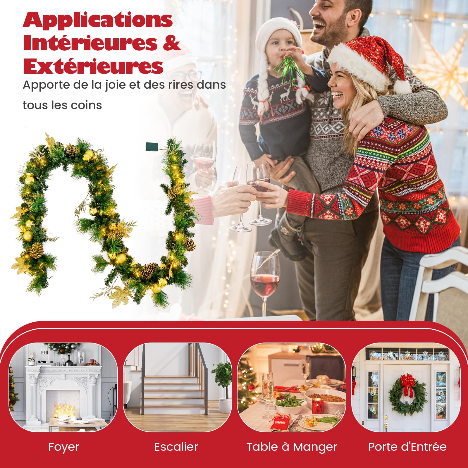 GOPLUS Guirlande de Noël Lumineuse Artificielle 270CM avec Lumières LED Blanc Chaud, Baies, Boules, Fleurs et Pommes de Pin Dorées, Décoration de Noël pour Jardin, Escaliers, Cheminée (Doré)