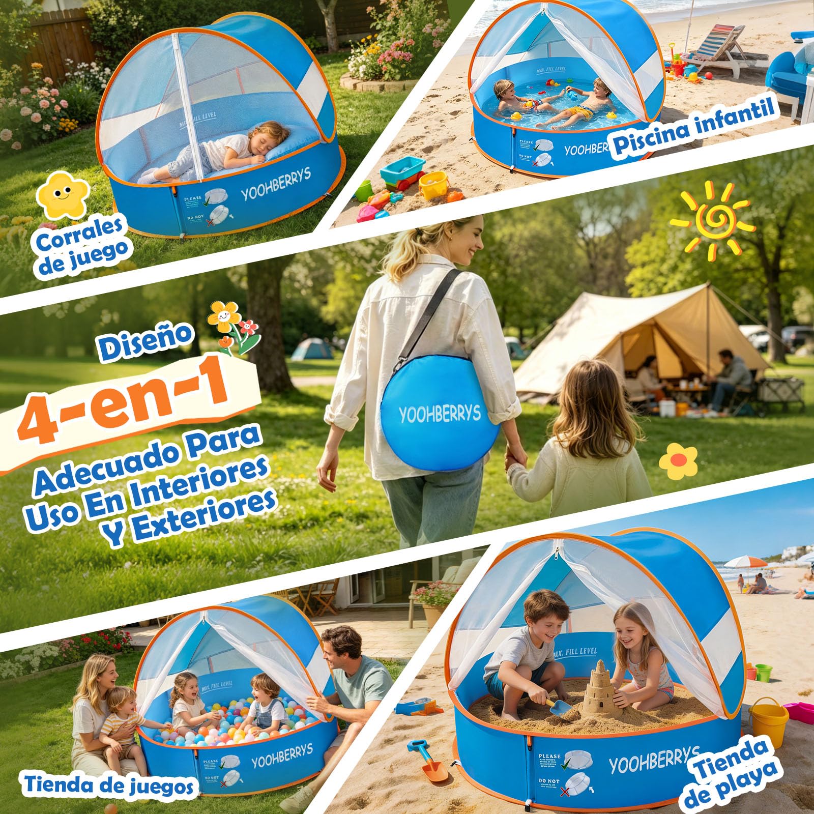 YOOHBERRYS Piscina para Bebé Pop Up 4 en 1, Piscina de Bolas Bebe, Tienda Playa Bebe con Protección UV SPF 50+, Piscina Plegable Bebe con Mosquitera, Tienda de Campaña para Picnic, Jardín, Playa