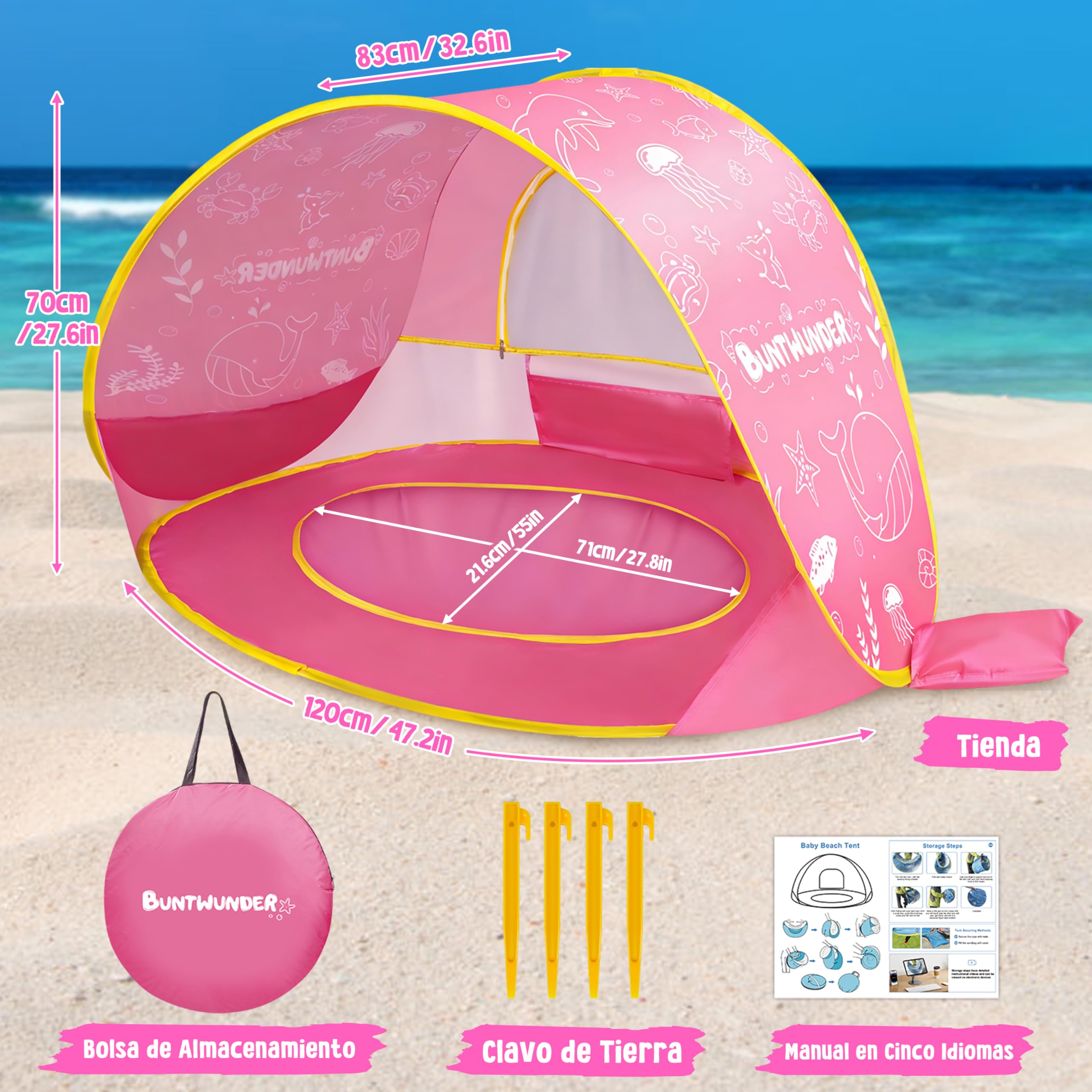 JONRRYIN Tienda Playa Bebé Pop Up, Tienda Refugio Infantil con Mini Piscina, Plegable Portátil Protección UV para Playa, Pícnic y Jardín (Rosa)