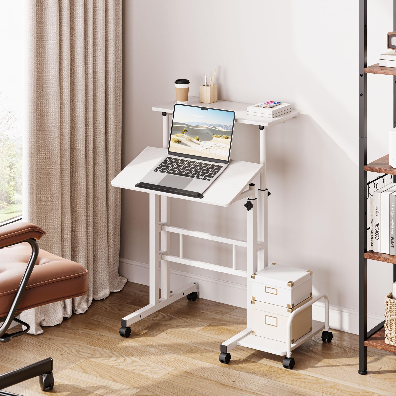 Dripex 60x60cm Stehpult Höhenverstellbar Schreibtisch, Mobiler Computertisch mit 4 Rollen, Steh-Sitz Tisch Laptoptisch neigbar Tischplatte, für Zuhause Büro,Weiß
