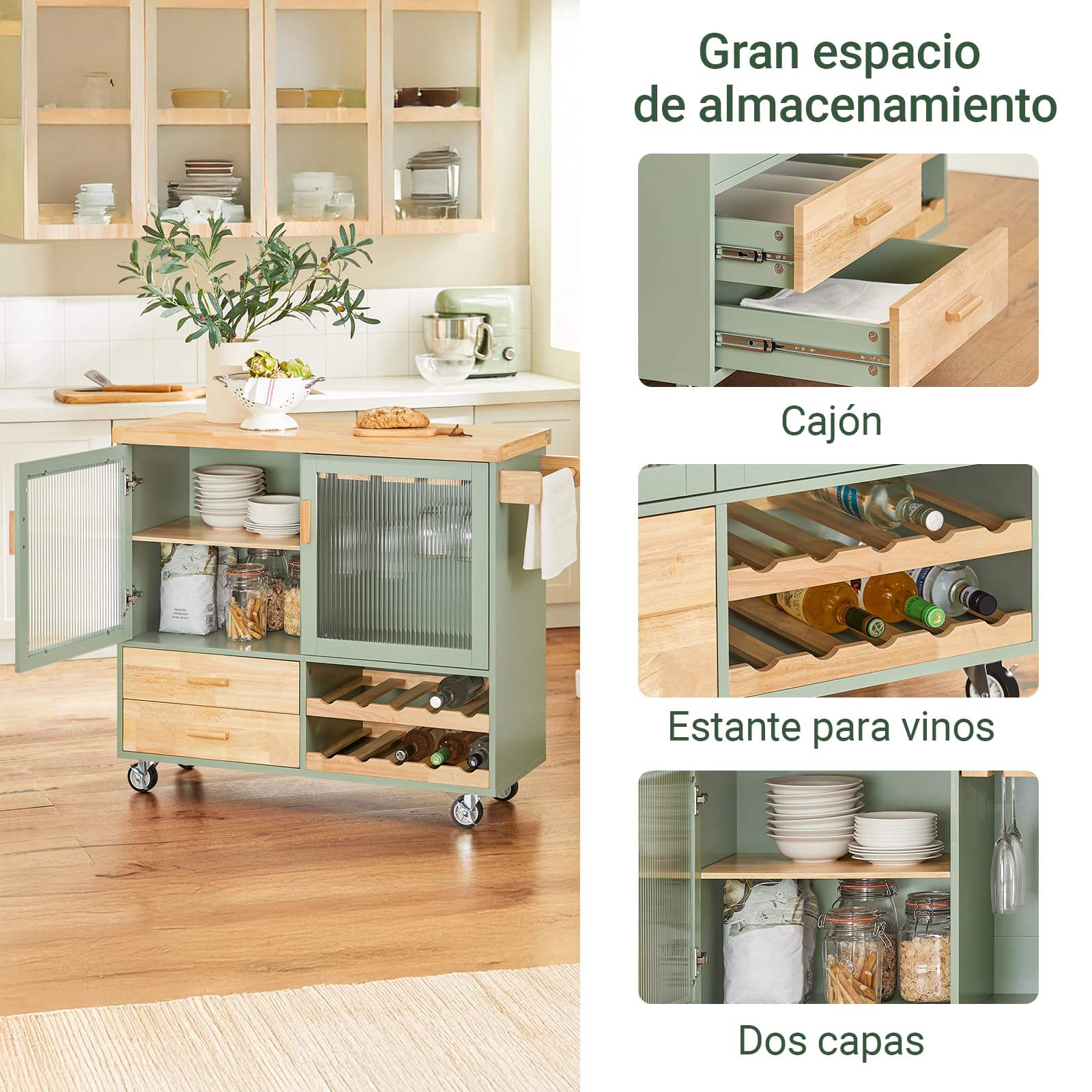 SoBuy Carrito de Cocina con Ruedas y Puertas de Cristal, 109x92x40 cm | Isla de Cocina con encimera, 2 cajones, botellero 10 bot./8 copas, carga de 90 kg, MDP/PB, para cocina, FKW114-GR
