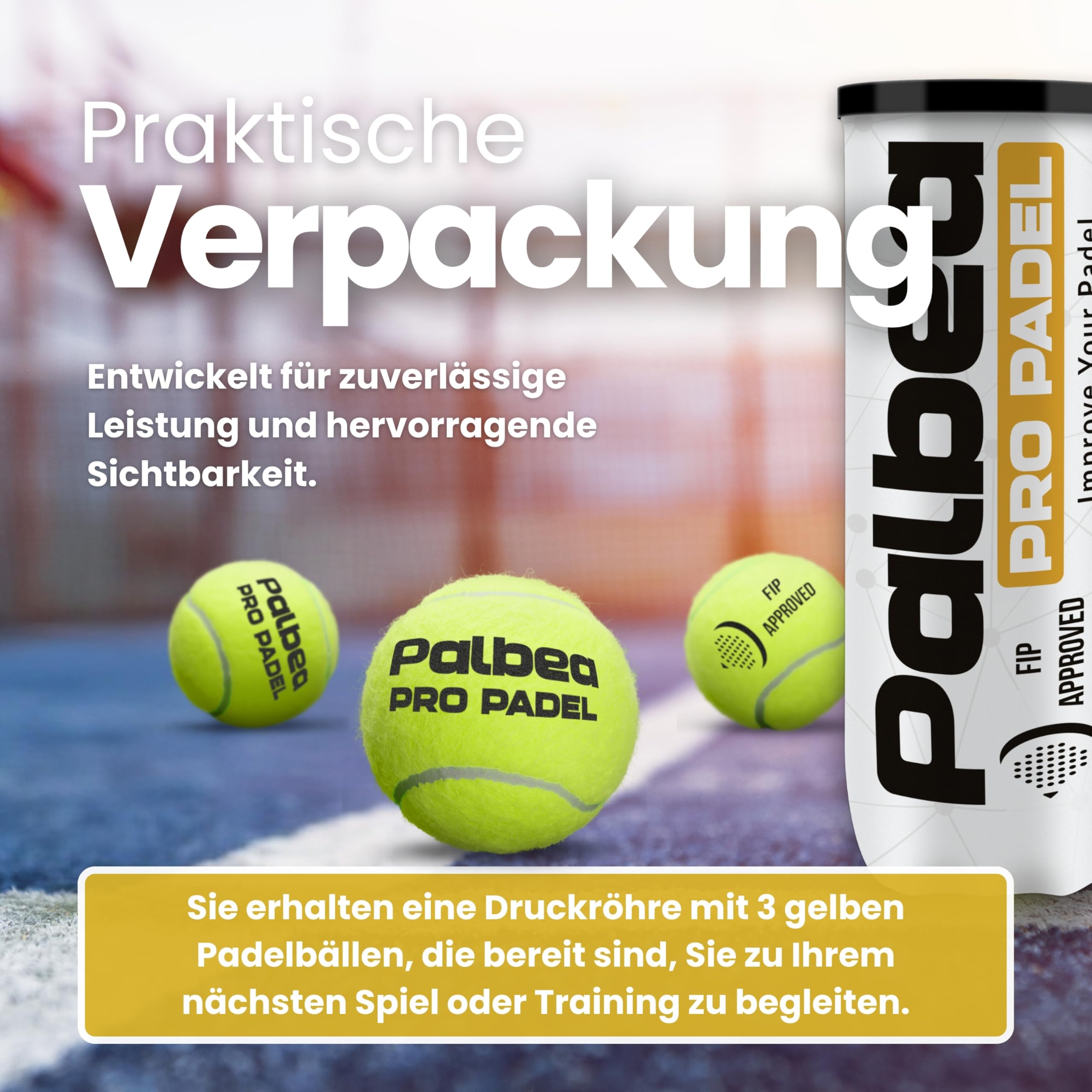 Palbea PRO Padel - FIP Zugelassene Padelbälle - 1 Karton x 6/9/12/14/20/24 Röhren - Padel Bälle mit HV Filz für Hohe Sichtbarkeit. Premiumqualität. Für Training und Turniere. Langlebig und Schnell.