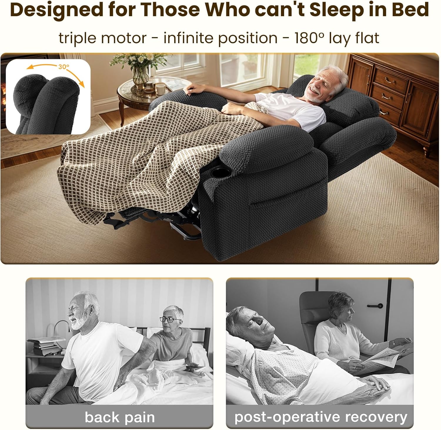 Three Motor Large-Wide Power Lift Chairs Recliners for Elderly, 180° Lay Flat Lift Recliner Chair with Massage & Heat, Infinite Positions & Power Headrest, Soft Plush Flannel (Grey)