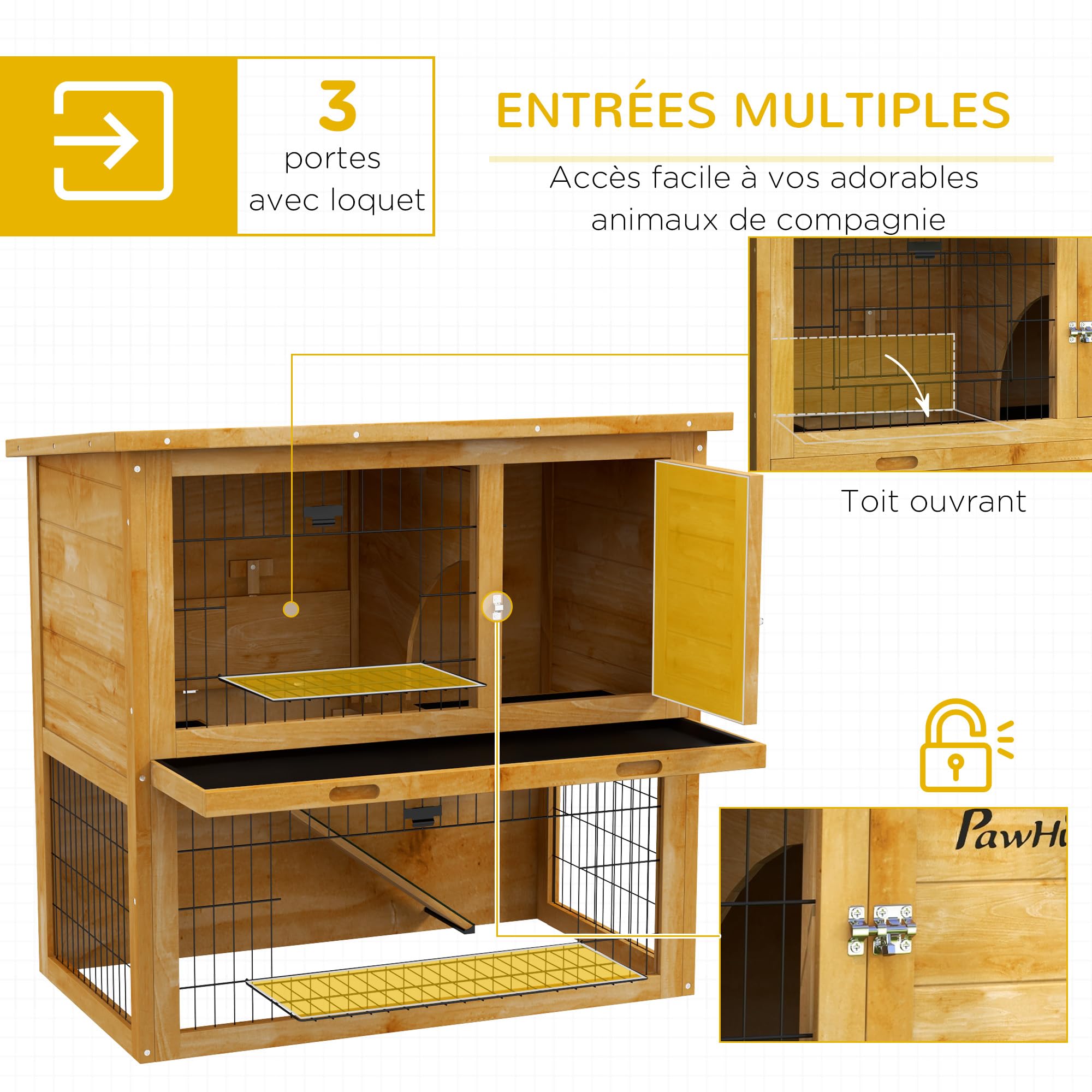 PawHut Conigliera a 2 Piani con 3 Porte con Serratura, Rampa Scorrevole e Tetto in Asfalto, Legno Massiccio, per Conigli, 85 x 50 x 80 cm, Giallo