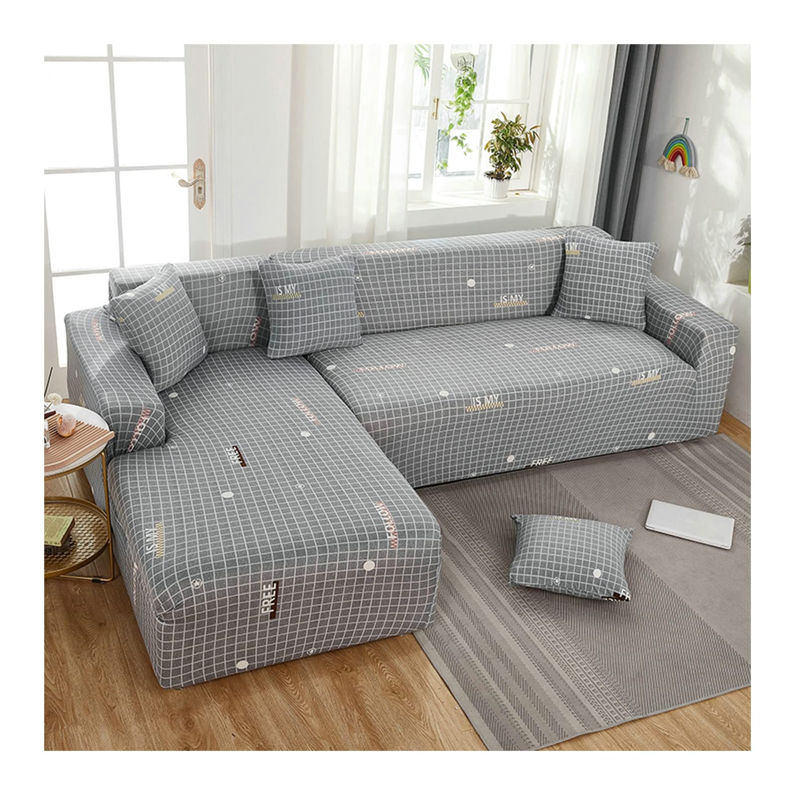 Funda para sofá en forma de L gris de 3+3 plazas con rejilla