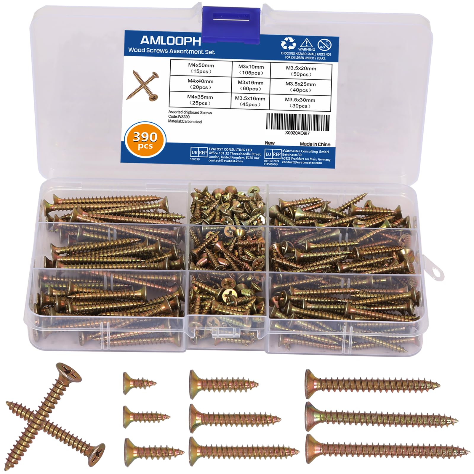 Wood Screws Assortment, 390pcs Mixed Small Flat Head Self Tapping Screws For Wood, 10mm - 50mm Long Assorted Countersunk Galvanised Decking Screw Set Pack With Screw Box