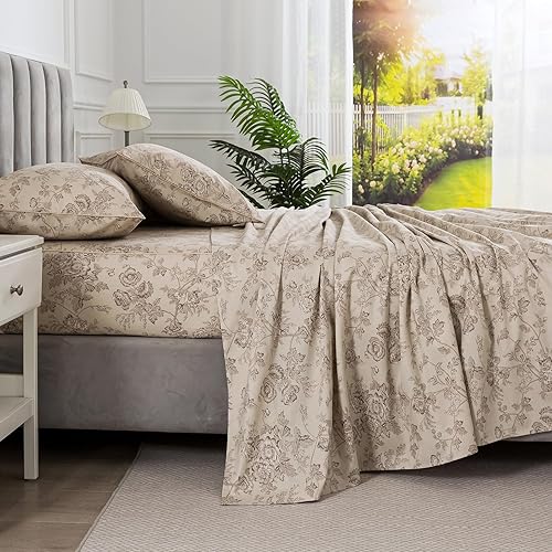 Sábanas de Percal Floral Beige, Tamaño King 100% Algodón con Estampado de Flores Shabby Chic, Juego de Sábanas de Cama Vintage Toile Suave y