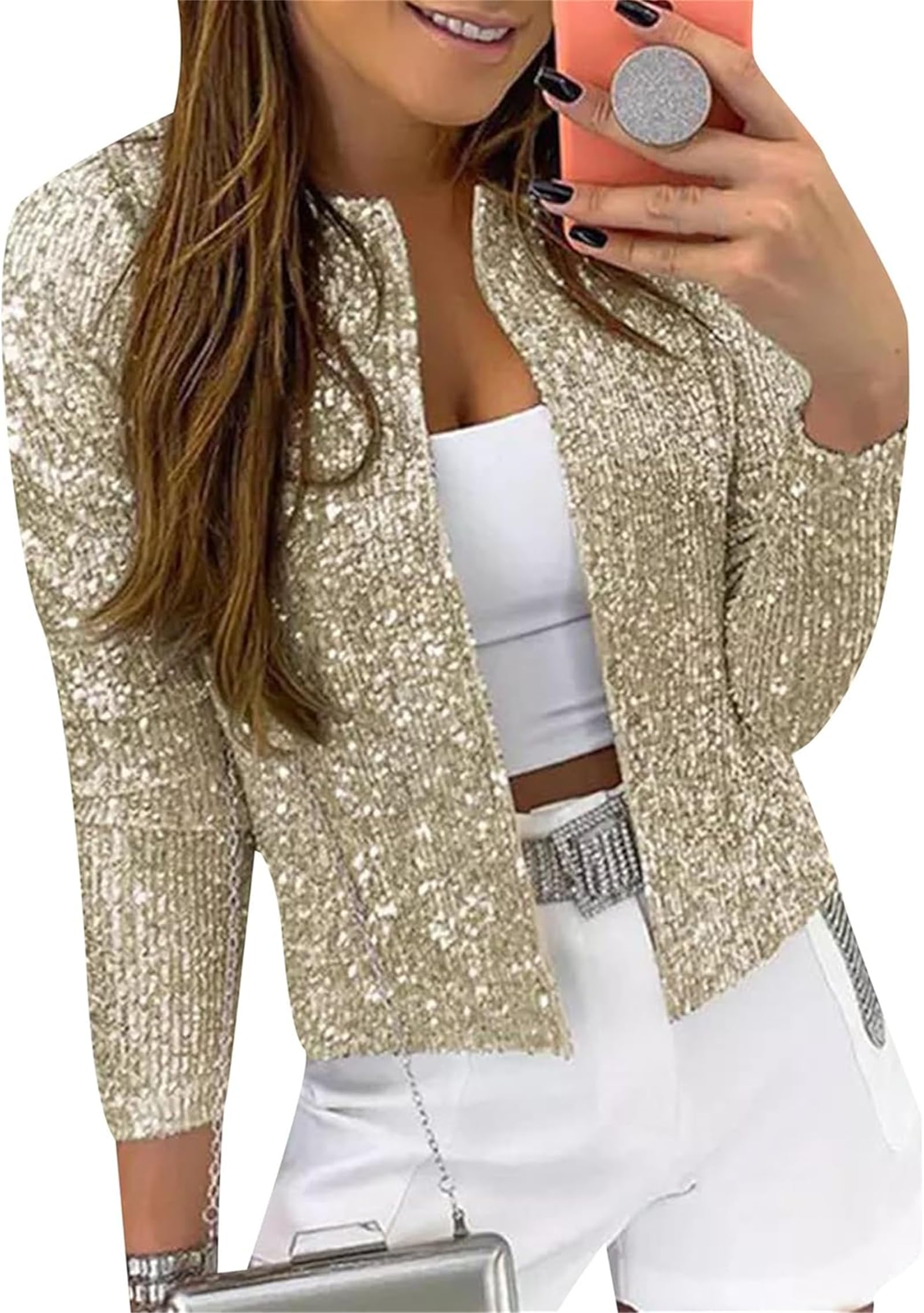 Womens Sparkly Sequin Jackets Long Sleeve Open Front Short Suits Puff Long Sleeve Glitter Blazer