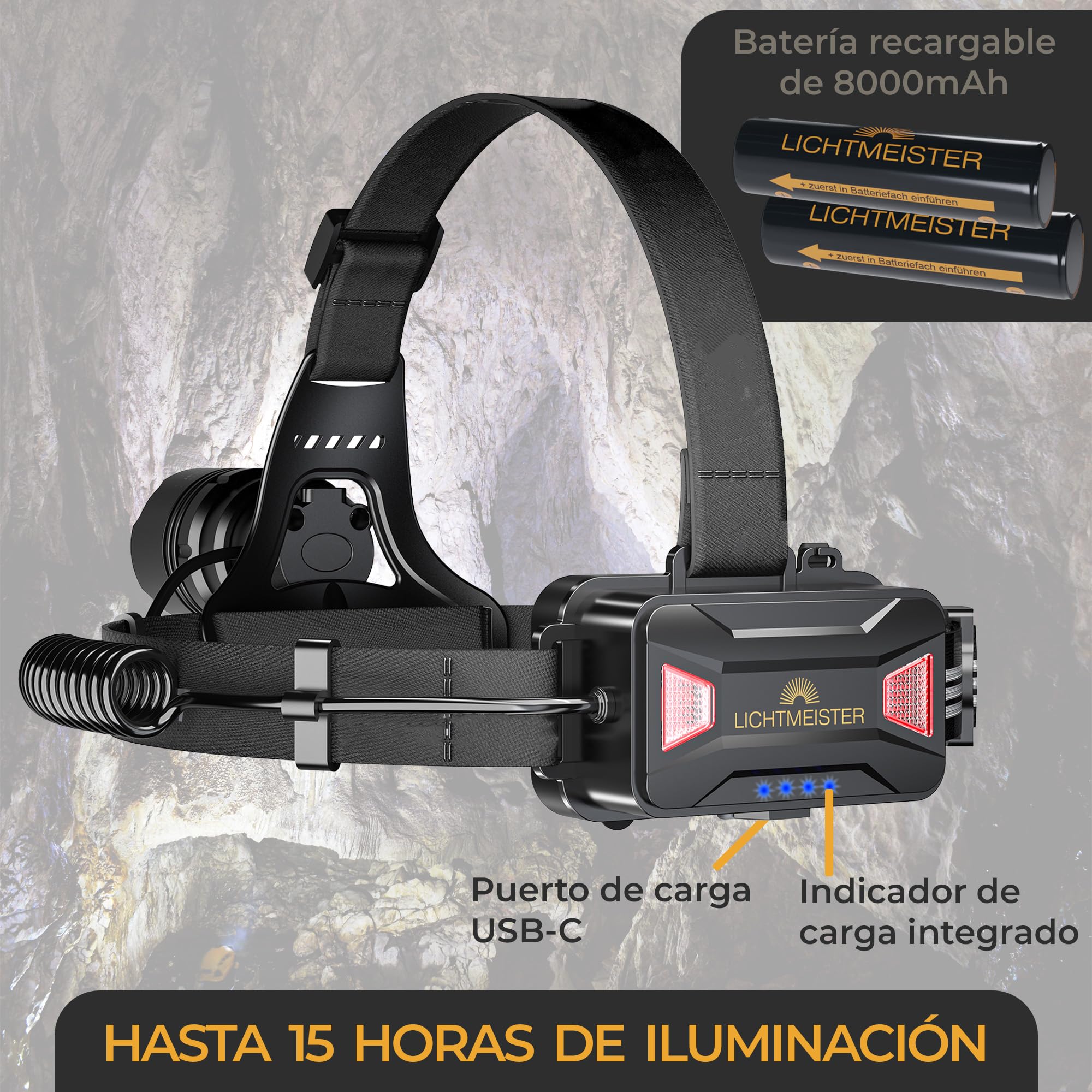 LICHTMEISTER® Linterna (1000 lúmenes, batería de 4000 mAh) – Flash LED alta potencia - Linterna potente recargable y extremadamente brillante (Lámpara de cabeza)