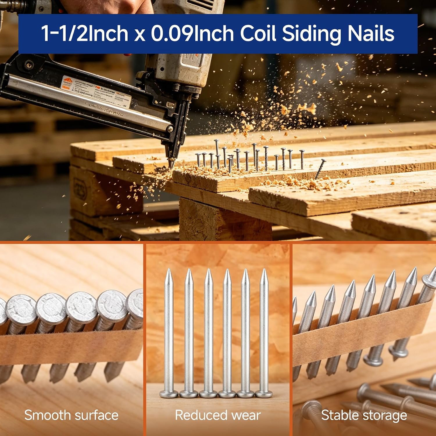 GXYWADY 3600Pcs 1-1/2 x 0.09 Inch Coil Roofing Ring Shank Siding Nails 15 Degree Coiled Nails, 304 Stainless Steel Wall Nails, Small Cap Coil Nails