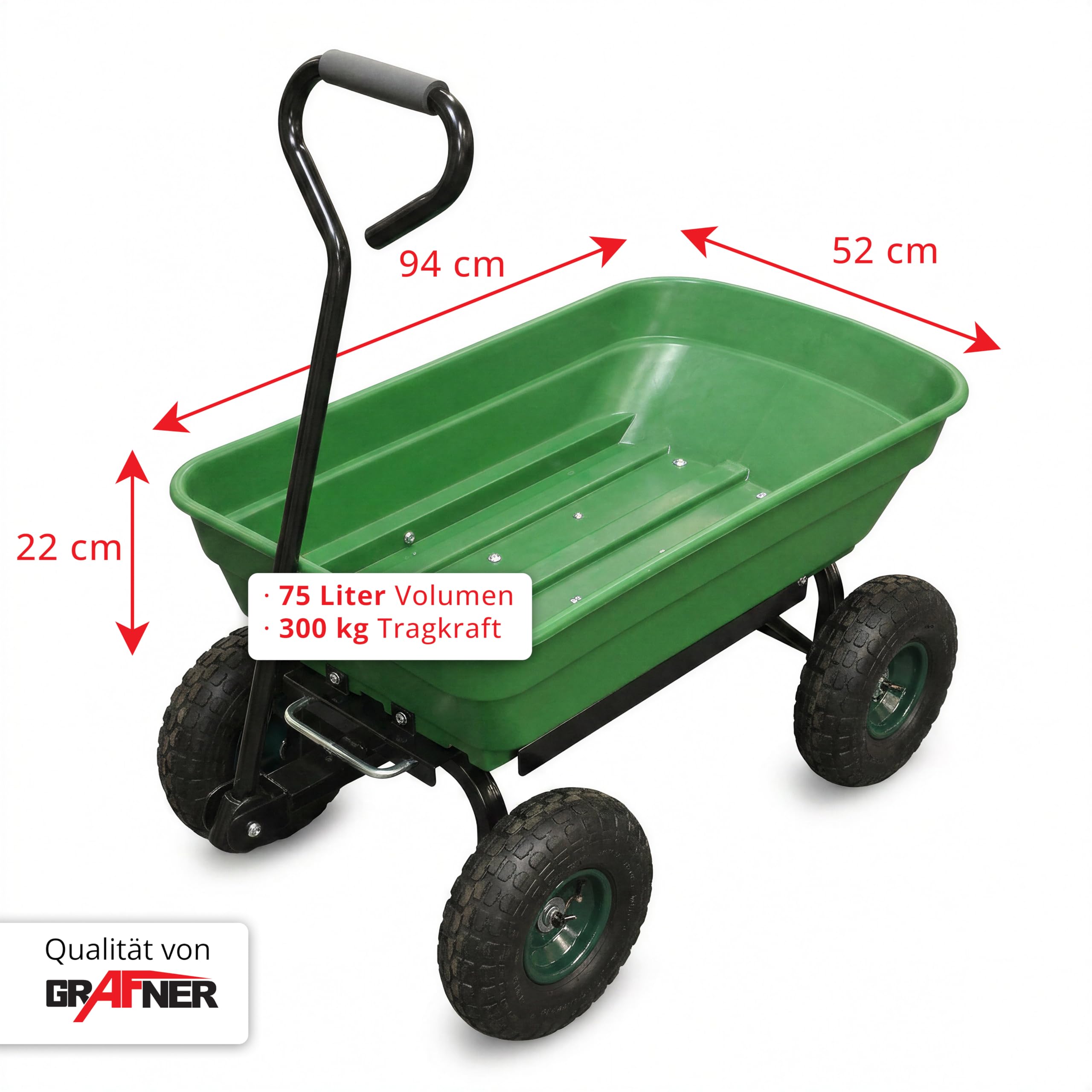 Grafner Gartenwagen mit Kippfunktion, belastbar bis 300 kg, 75 Liter Kunststoffwanne und Lenkachse, Luftbereifung, Transportwagen Gartenkarre Dumper Handwagen Schubkarre Bollerwagen